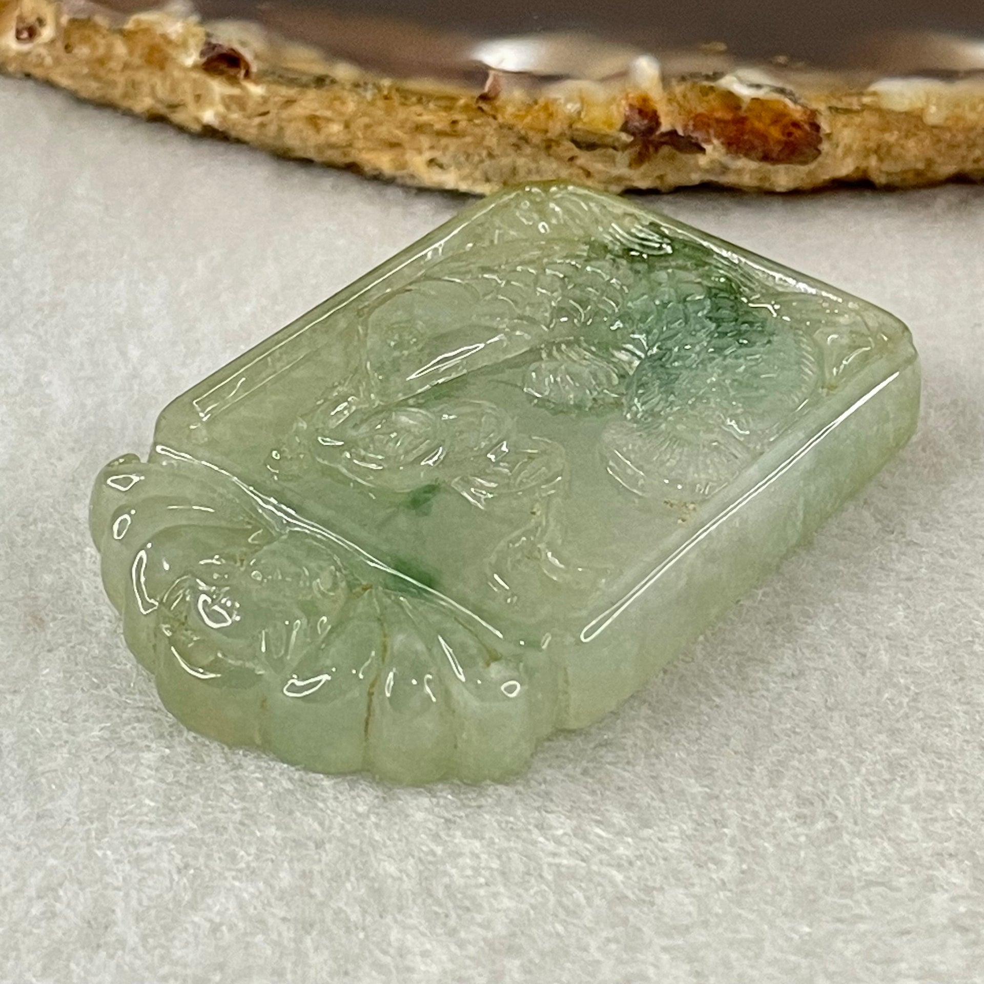 (Pre-Love) Lotus on Water by Yun Long Zi Type A Semi Icy Light Green with Green Piao Hua Jadeite Arona Fish with Bat and Coins 30.46g 48.9 by 31.6 by 7.9mm with Full Original Box Set - Huangs Jadeite and Jewelry Pte Ltd