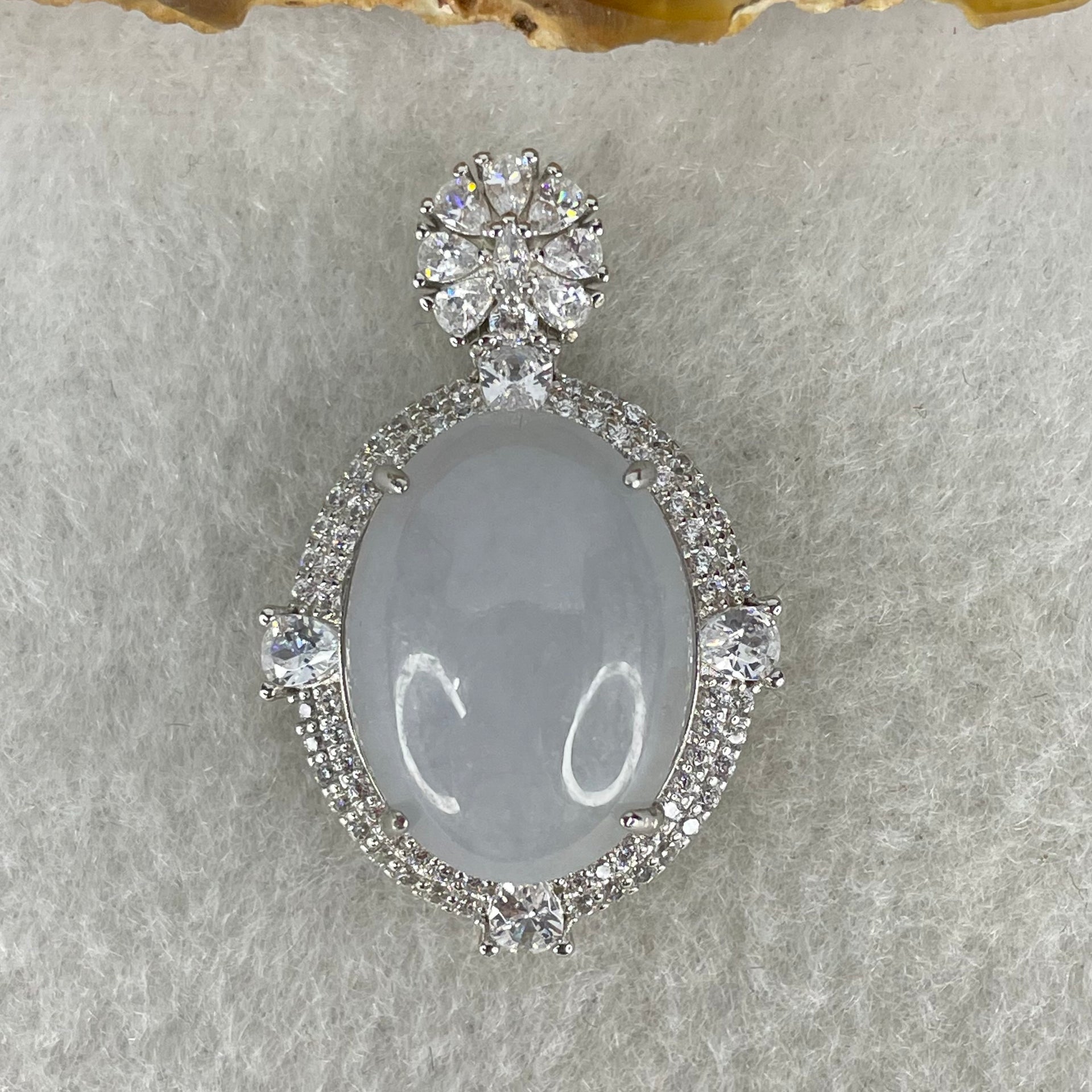 Type A Lavender Cabochon Jadeite in S925 Sliver with Crystal Charm 6.19g 18.7 by 14.6 by 6.5mm - Huangs Jadeite and Jewelry Pte Ltd