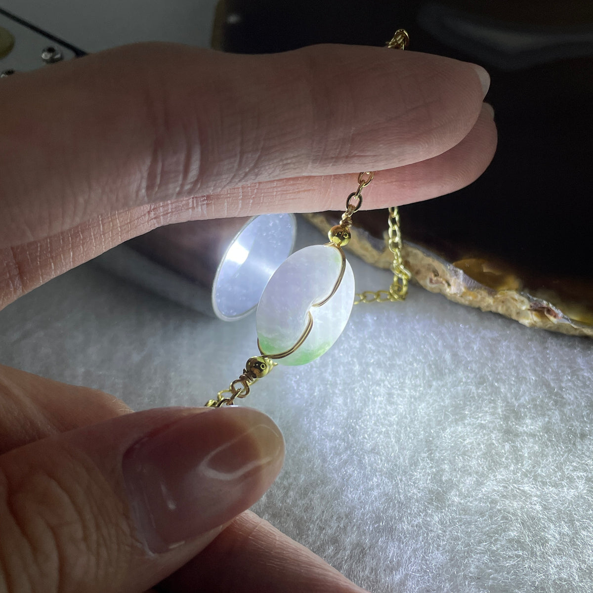 Natural Type A Lavender & Green Jadeite Ping An Kou Gold Accent Bracelet | Peace Disc Adjustable Bracelet (6.55g | 13–21cm | 17.2 x 5.5mm) - Huangs Jadeite and Jewelry Pte Ltd