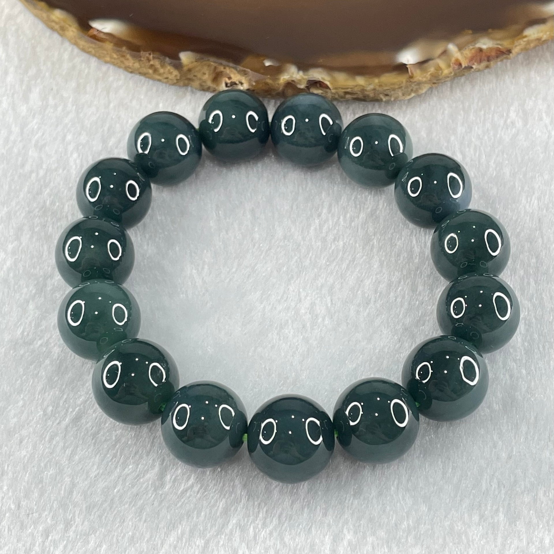 Type A Old Mine Dark Blueish Green Jadeite Beads Bracelet 69.38g 16.5cm 14.0mm 15 Beads - Huangs Jadeite and Jewelry Pte Ltd