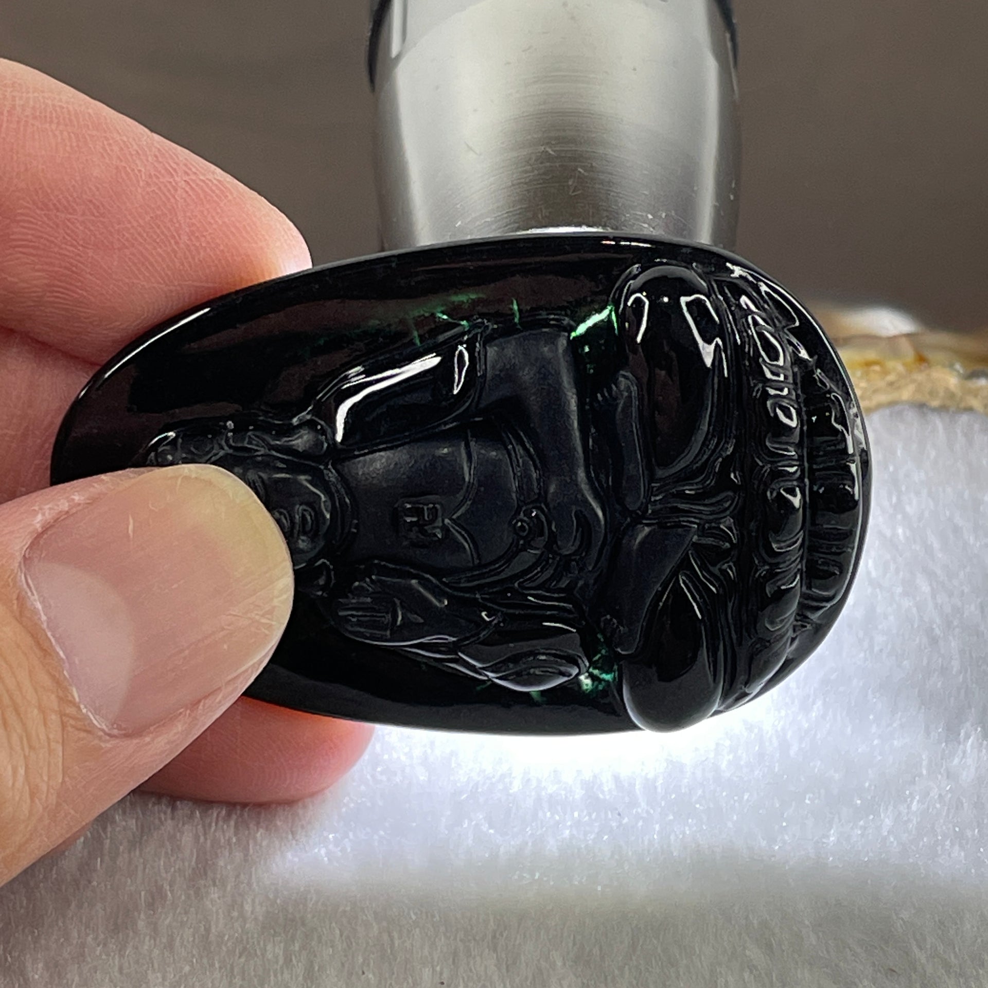 Type A Opaque to Partial Translucent Black Omphacite Jadeite Amitabha Buddha Pendant Dog and Boar Pig Zodiac Guardian 15.85g 51.9 by 33.2 by 7.6mm - Huangs Jadeite and Jewelry Pte Ltd