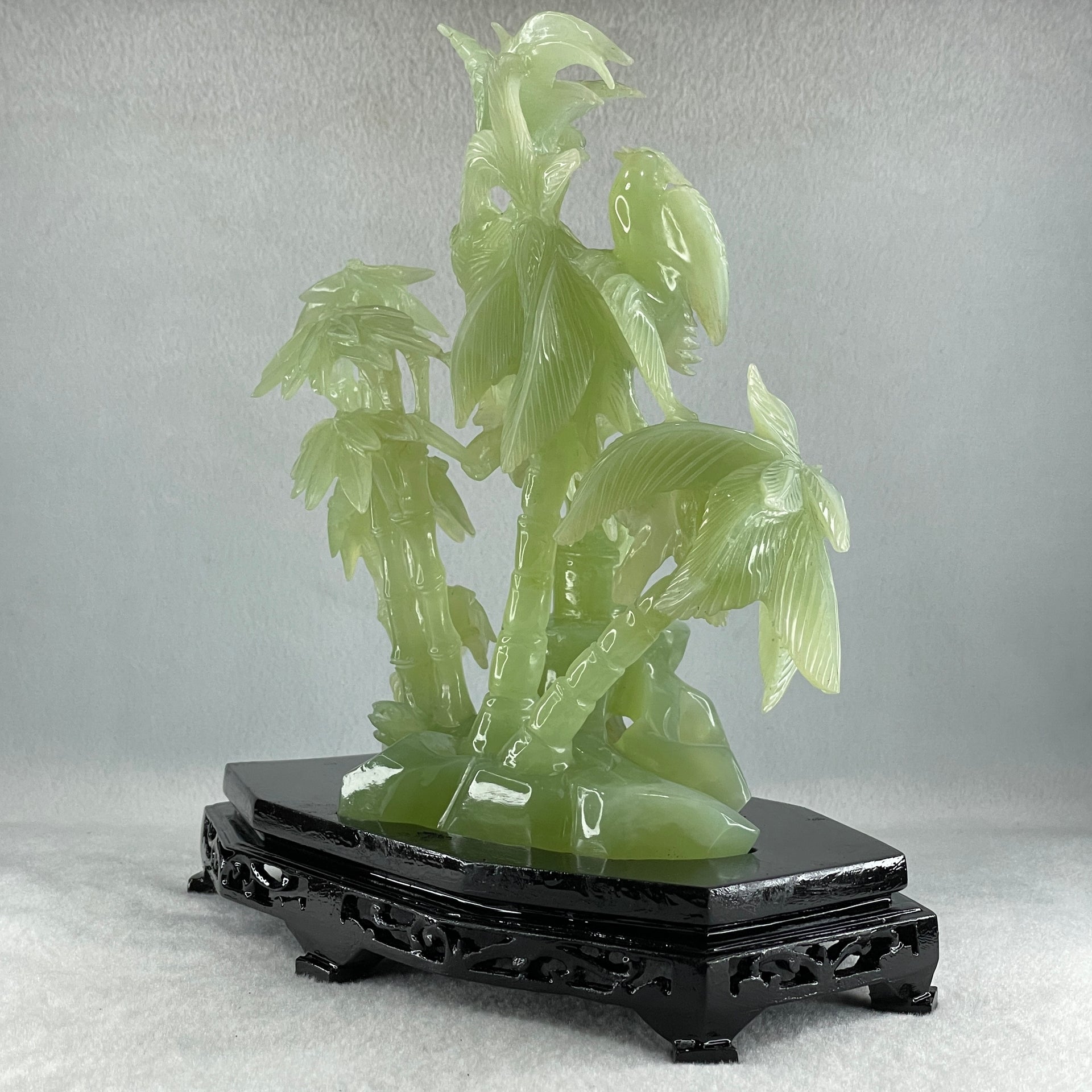 Natural Green Serpentine Double Phoenix with Bamboo Treen and Flower with Wooden Stand Display 1,096.7g 220.0 by 130.0 by 220.0mm - Huangs Jadeite and Jewelry Pte Ltd