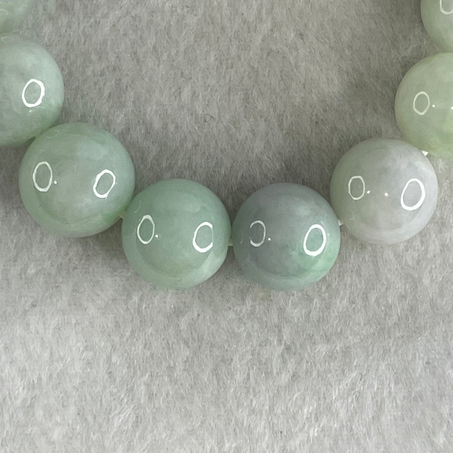 Type A Light Green with Light Lavender Jadeite Beads Bracelet 78.22g 17cm 14.8mm 15 Beads (Some Internal Lines) - Huangs Jadeite and Jewelry Pte Ltd