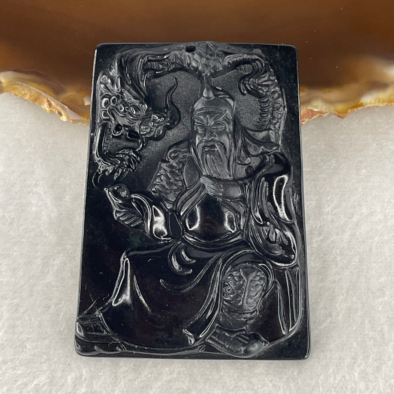 Certified Natural Type A Black Omphacite Jadeite God of Literature Guan Gong with Dragon Pendant 24.16g 56.3 by 41.6 by 7.0mm