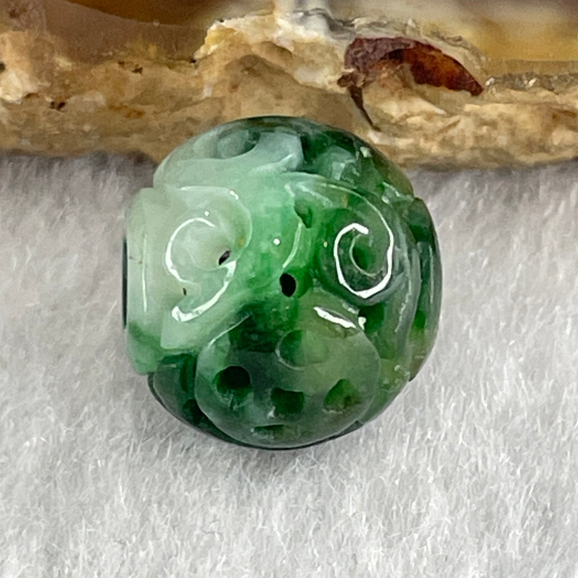 Natural Type A Lao Keng Old Mine Green with Light Green Jadeite Flora Carving Bead Charm 1.37g 11.4mm - Huangs Jadeite and Jewelry Pte Ltd