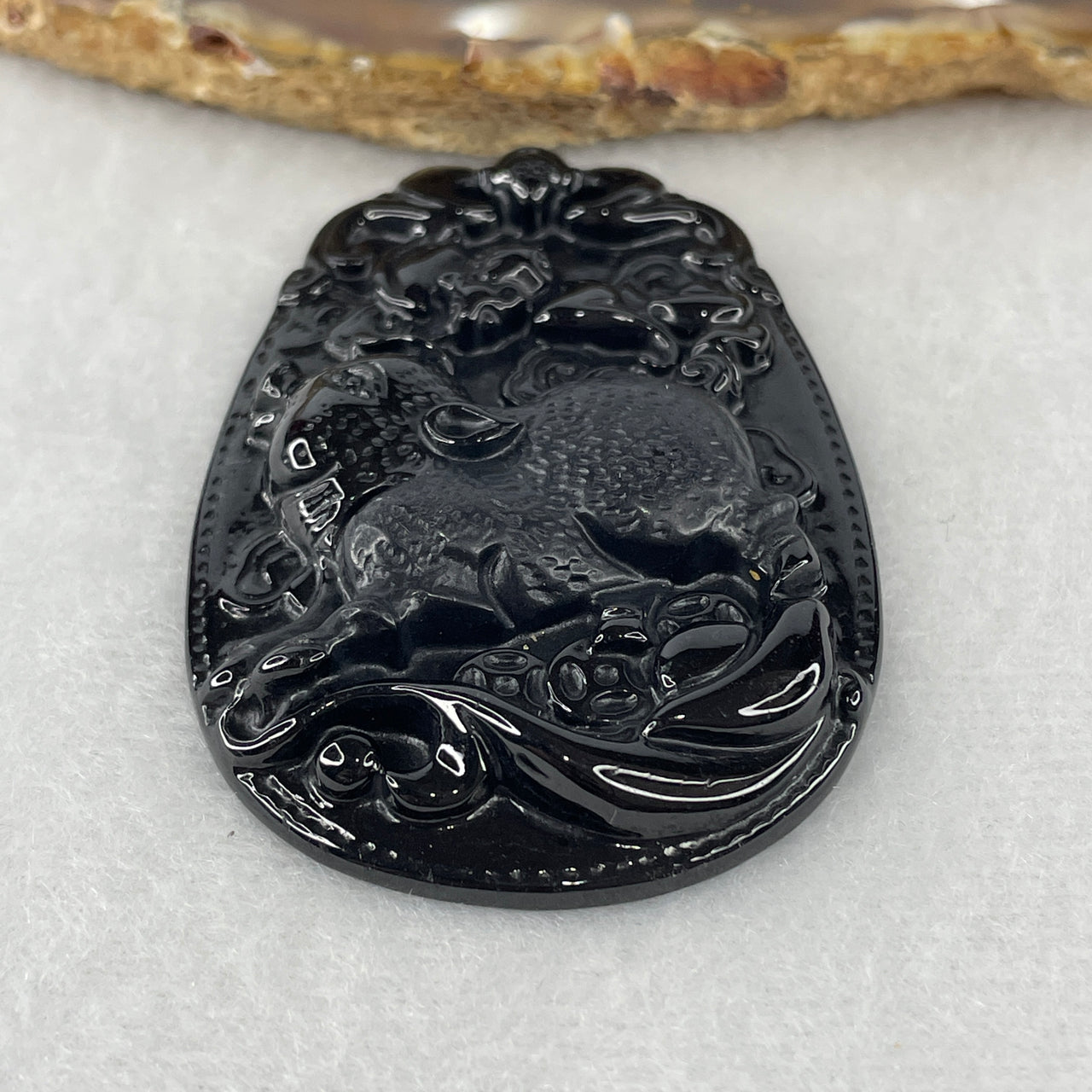 Certified Type A Opaque Black Omphacite Jadeite Pig with Bat & Coins Pendant | Abundance, Swift Fortune & Pig Zodiac Protection Talisman (25.01g | 59.4 x 40.2 x 7.8mm)