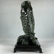 Natural Dark Green Serpentine Carp Fish with Wooden Stand Display 1,215.0g 160.0 by 120.0 by 230.0mm - Huangs Jadeite and Jewelry Pte Ltd