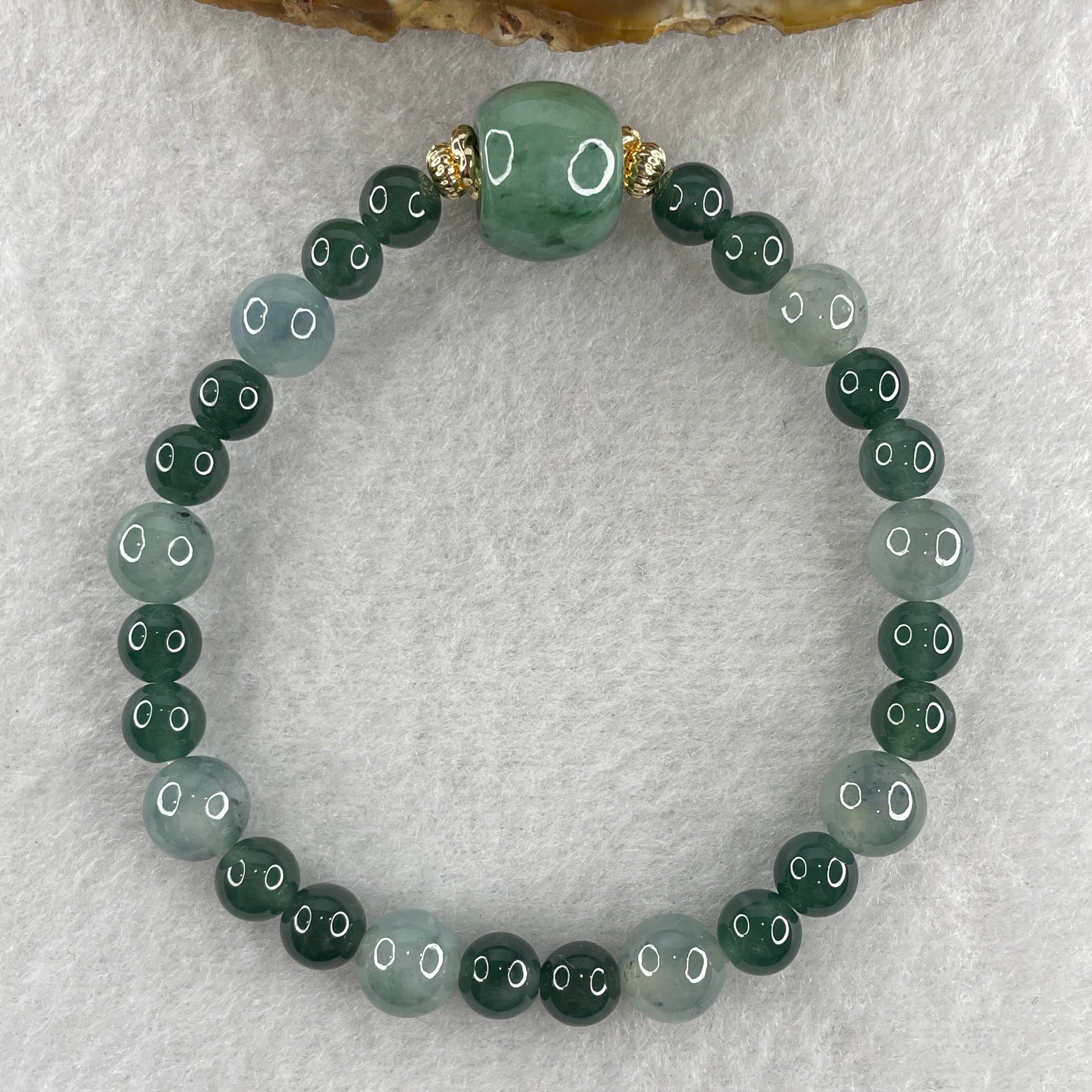 Natural Type A Semi Icy Blueish Green with Light Lavender Jadeite Beads Bracelet 19.10g 16cm 13.5 by 17.3mm 1Bead - 8Beads 7.9mm - 18Beads 6.3mm - Huangs Jadeite and Jewelry Pte Ltd
