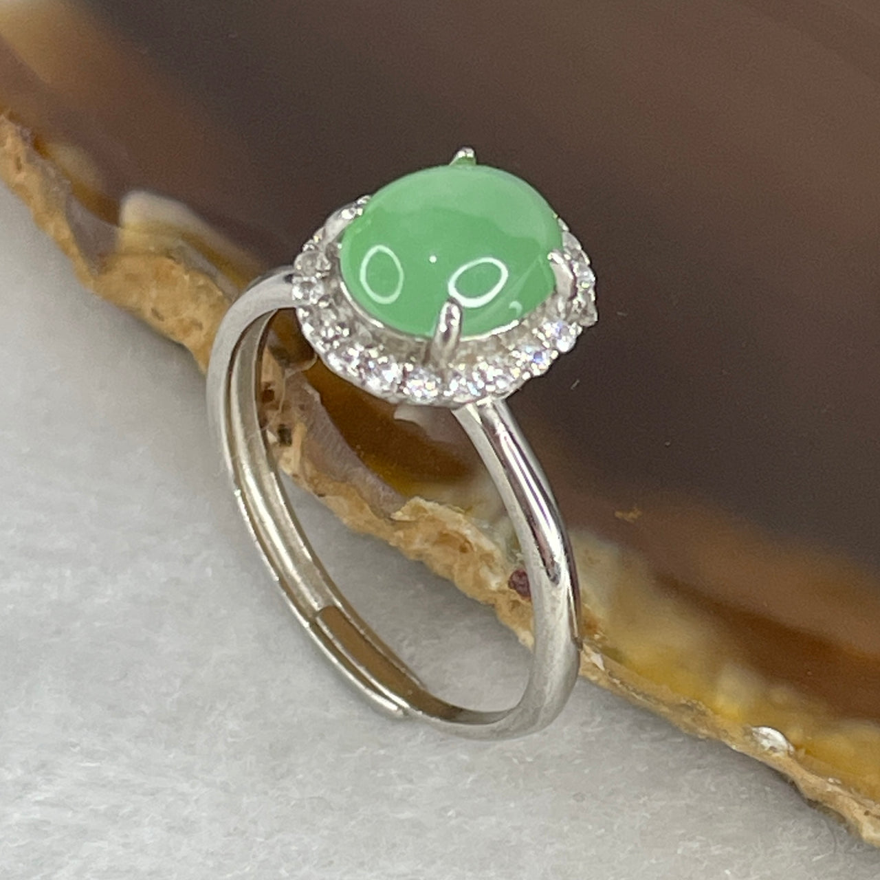 Type A Icy Light Green Jadeite Cabochon Ring | Liquid-Glass Translucent Cushion Orb | Solid S925 Sterling Silver Setting | Smart Adjustable Sizing (2.33g 8.7x7.2x4.5mm)
