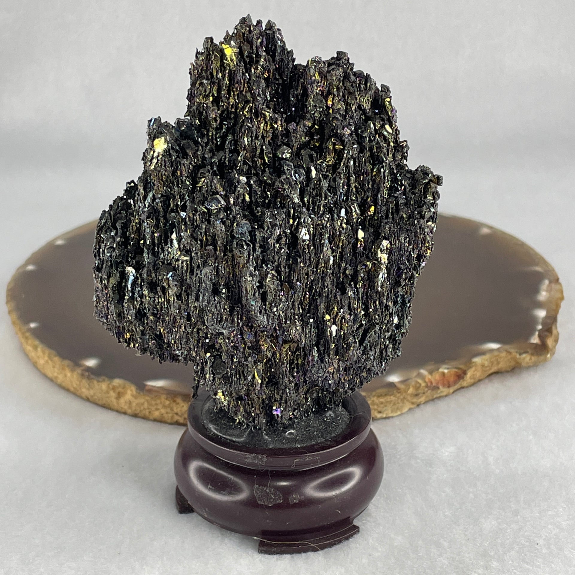 Natural Black Moissanite Rough Display wit Wooden Stand 140.35g 71.7 by 47.5 by 108.5mm - Huangs Jadeite and Jewelry Pte Ltd