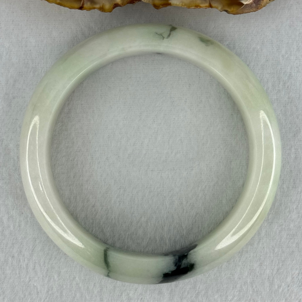 Type A Light Green with Moss Green Patches Jadeite Bangle Internal Diameter 56.5mm 75.29g 16.4 by 8.4mm (Slight Internal Line) - Huangs Jadeite and Jewelry Pte Ltd
