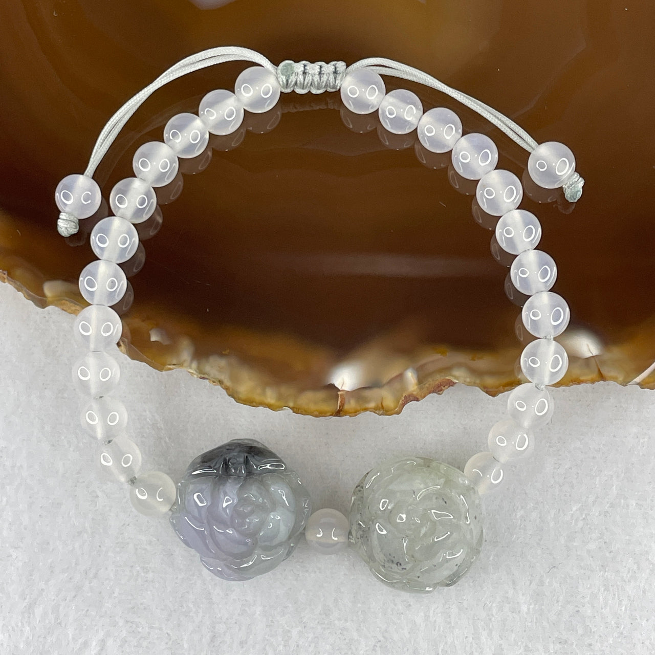 Natural Type A Tricolor Jadeite Peony & Bird Amulet Bracelet | Adjustable 6.3mm Colorless Agate Beads Harmony Strand (22.19g, 17-20cm 24 Beads)