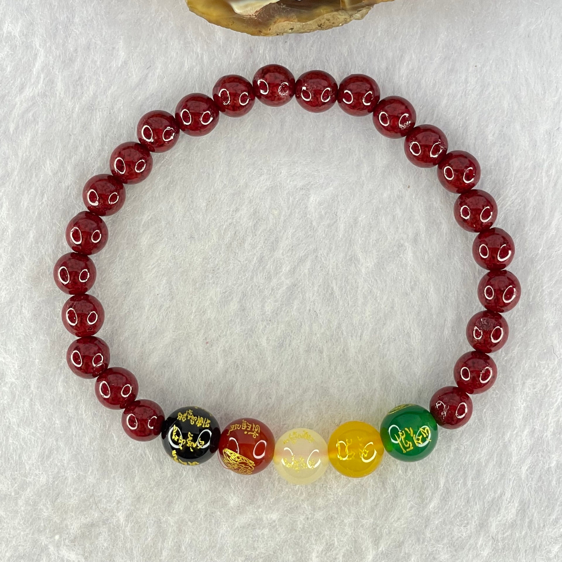 Natural Blood Red Cinnabar with Crystal Beads Bracelet with Wealth Beads 11.74g 15.5cm 8.5mm 5 Beads, 6.2mm 23 Beads - Huangs Jadeite and Jewelry Pte Ltd