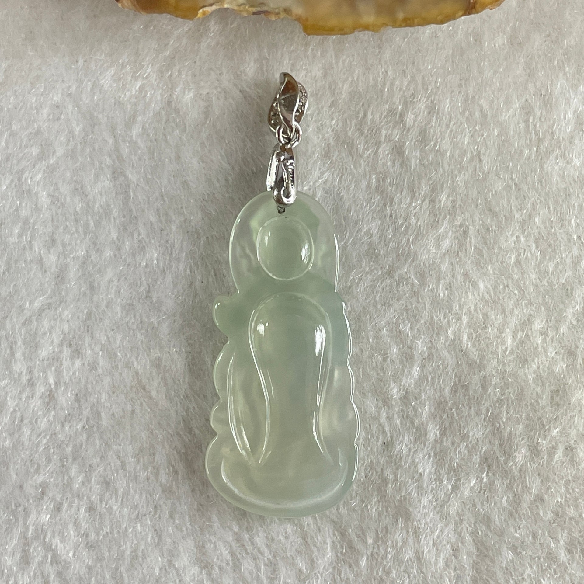 Type A Icy Colourless to Faint Green Jadeite Guan Yin Pendant 3.0g 31.0 by 14.5 by 3.5mm - Huangs Jadeite and Jewelry Pte Ltd