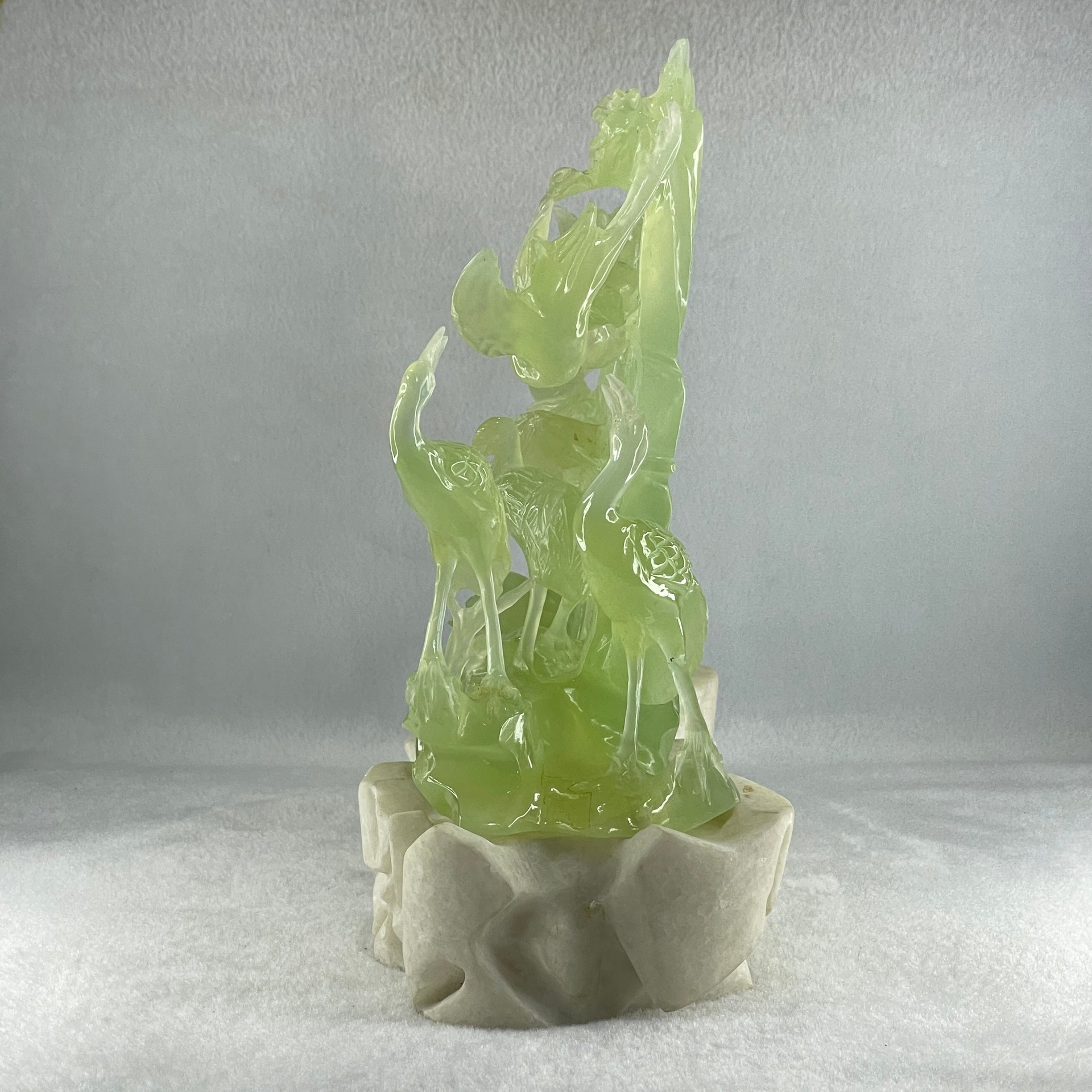 Natural Icy Green Serpentine 6 Cranes with Bamboo Shoots on Shan Shui with White Stone Stand Display 3,171.9g 270.0 by 102.0 by 236.0mm - Huangs Jadeite and Jewelry Pte Ltd