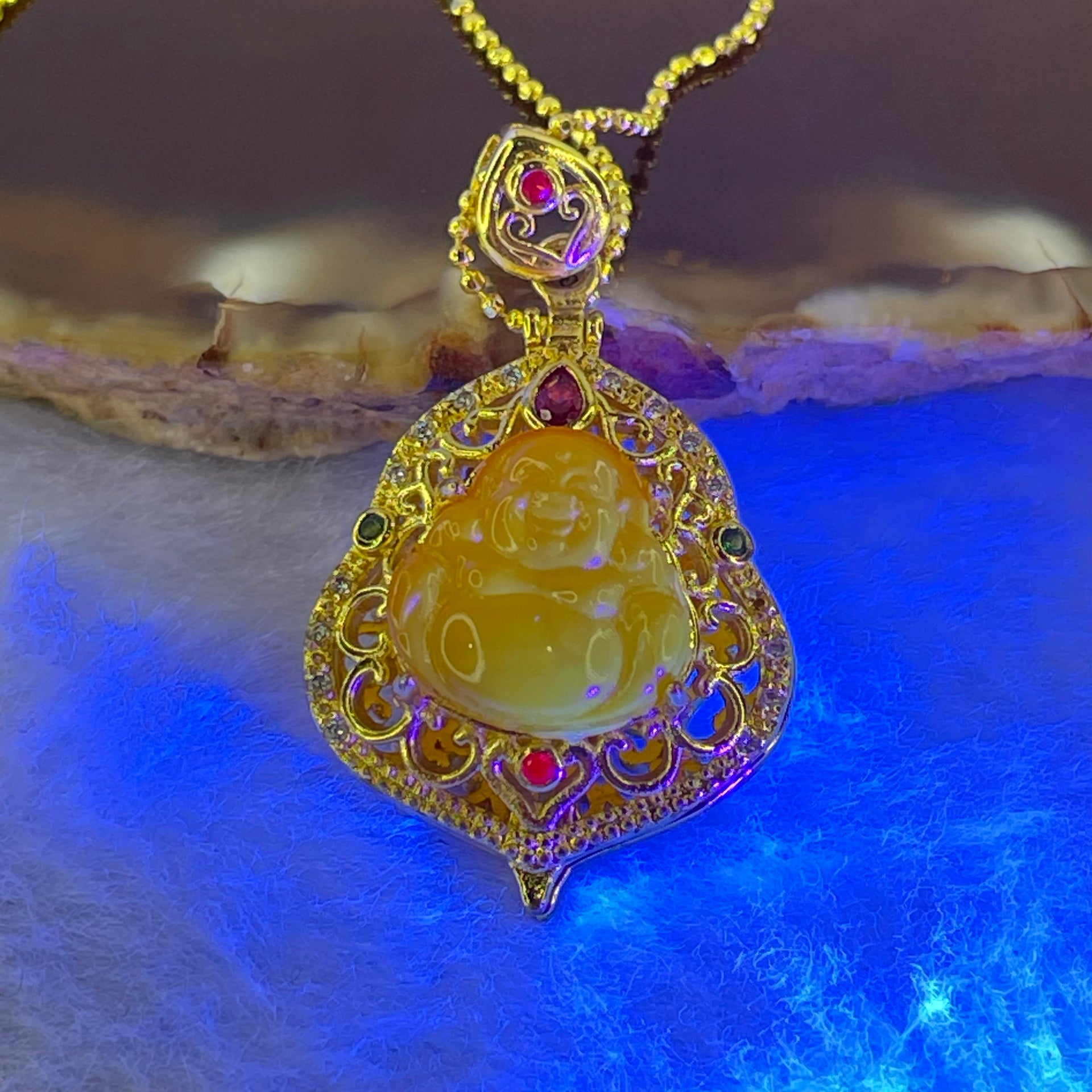 Natural Butterscotch Amber Milo Buddha with Crystals in Gold Color Necklace 5.64g 12.2 by 11.8 by 3.2mm - Huangs Jadeite and Jewelry Pte Ltd