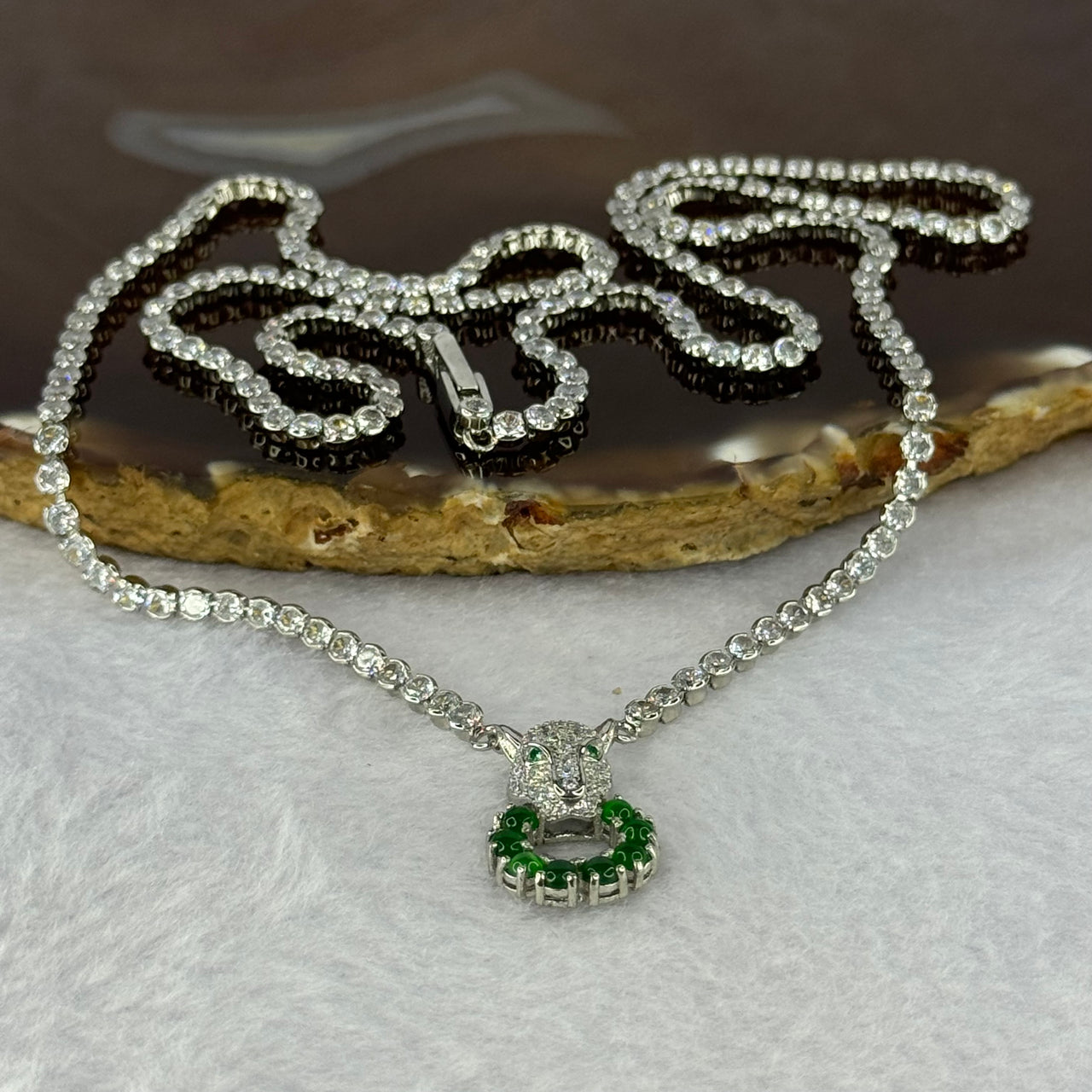 Type A Icy Green Omphasite Jadeite Panther Charm with Crystals in S925 Sliver Necklace 13.29g 2.3 by 1.5mm 8pcs - Huangs Jadeite and Jewelry Pte Ltd