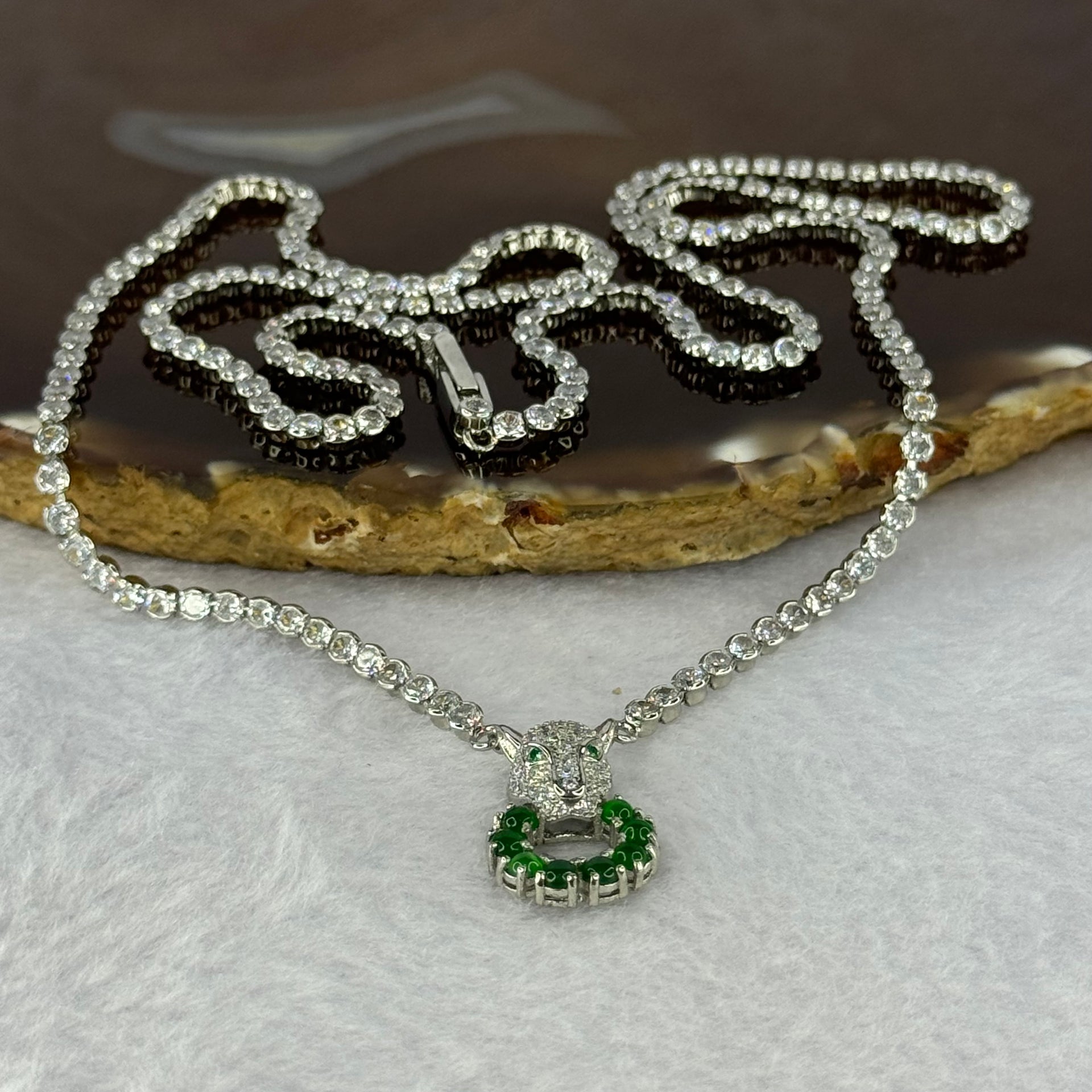 Type A Icy Green Omphasite Jadeite Panther Charm with Crystals in S925 Sliver Necklace 13.29g 2.3 by 1.5mm 8pcs - Huangs Jadeite and Jewelry Pte Ltd