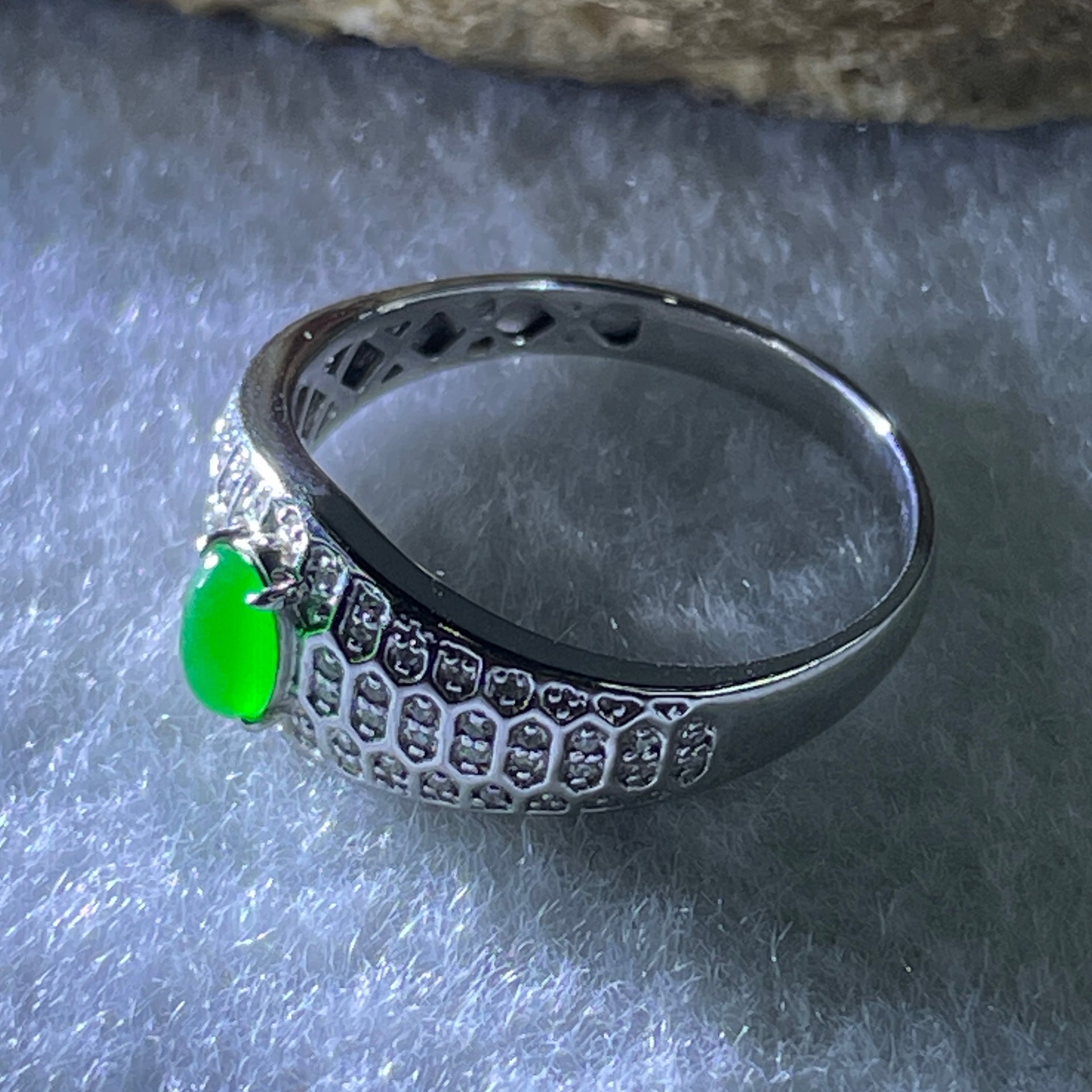 Type A Natural Light Apple Green Jadeite on 18K White Gold and Diamond Ring 2.73g 5.1 by 3.6 by 2.5mm US 7.4 HK 16.4 - Huangs Jadeite and Jewelry Pte Ltd