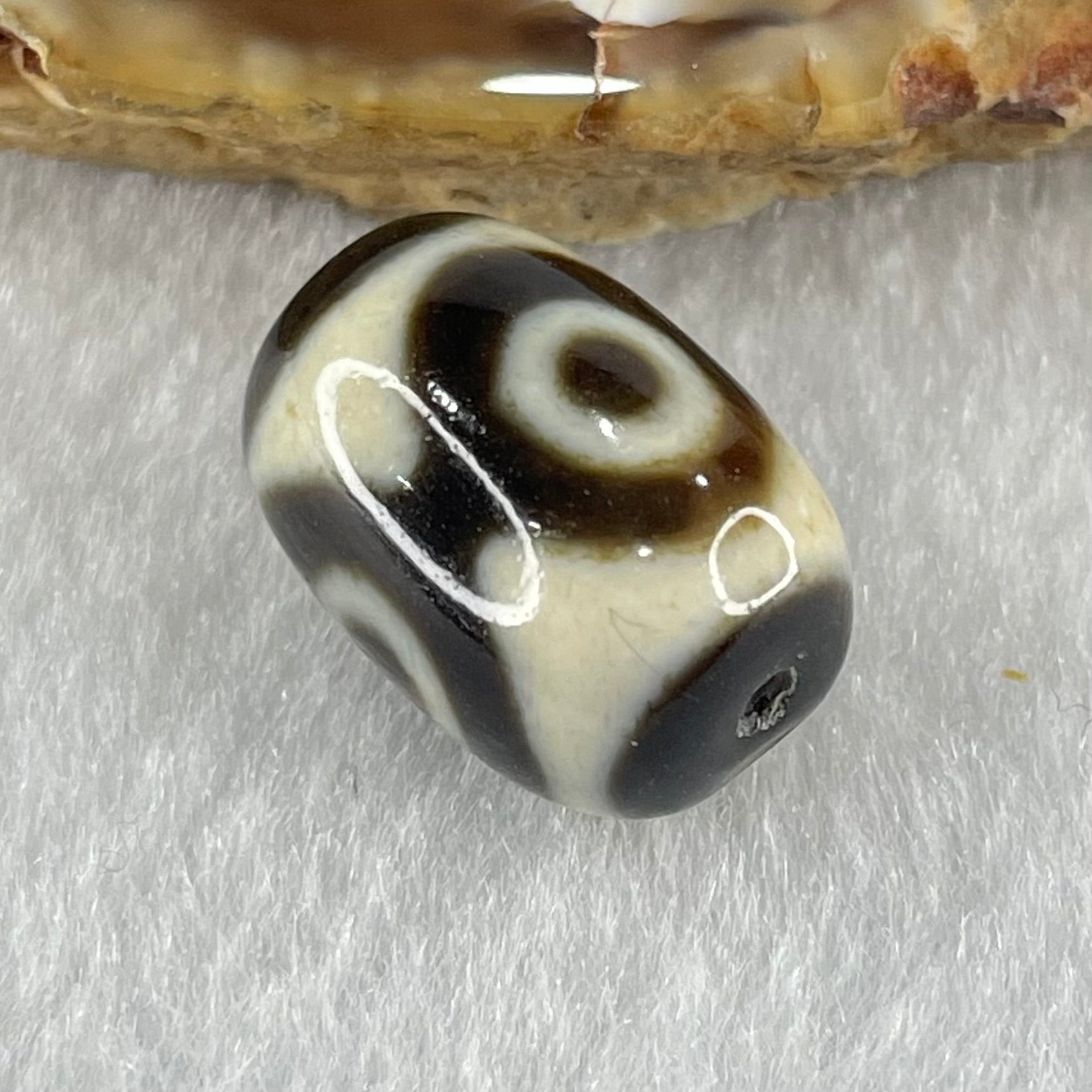 Natural Powerful Tibetan Old Oily Dark Brown With White Agate 3 Eyes Dzi Bead Heavenly Master (Tian Zhu) 三眼天诛 4.44g 17.5 by 12.5mm - Huangs Jadeite and Jewelry Pte Ltd