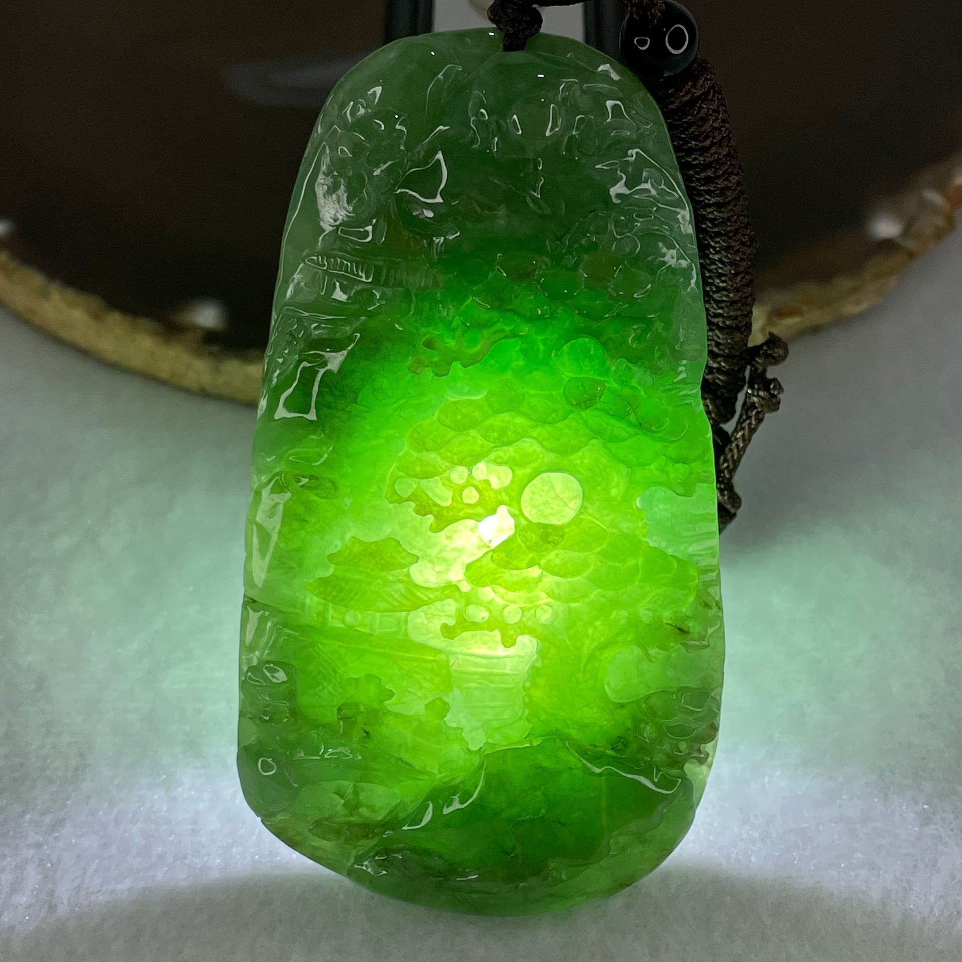 Type A Green Jadeite Double Sided Shan Shui with Double Gui Ren Benefactor Pendant 64.09g 75.6 by 42.6 by 11.2mm - Huangs Jadeite and Jewelry Pte Ltd