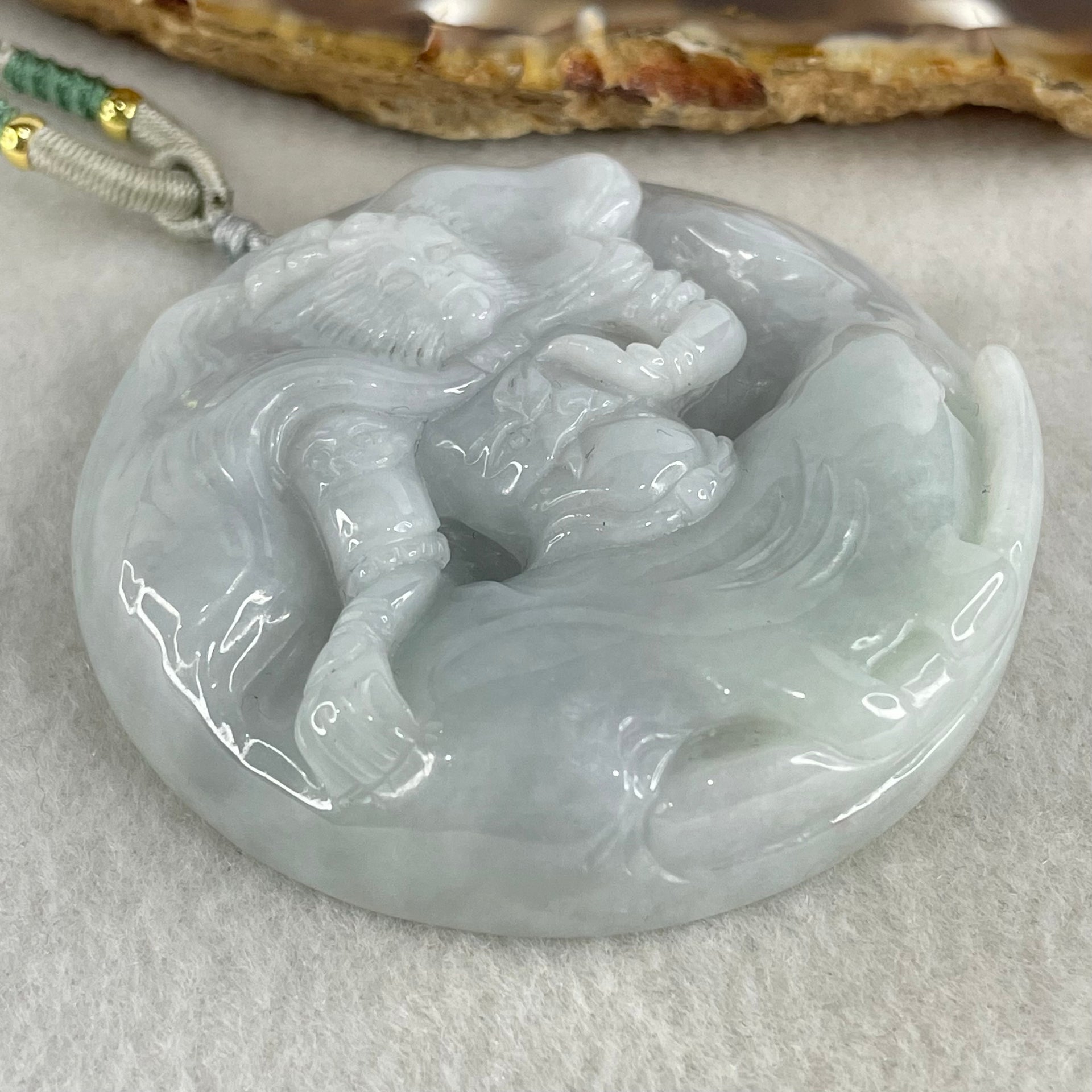 Type A Faint Green Lavender Jadeite Monkey God Sun Wu Kong  Pendant 73.39g 54.8 by 12.7mm - Huangs Jadeite and Jewelry Pte Ltd