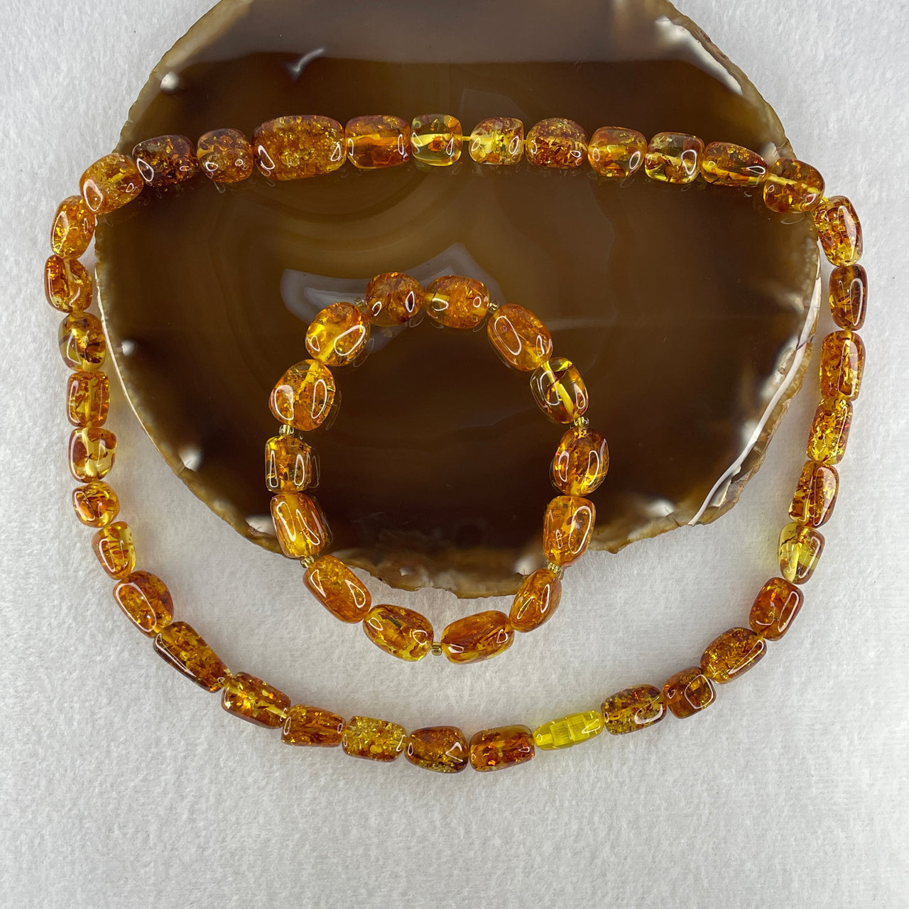Certified Natural Orangy Yellow Flower Cognac Amber Pebble Shape Beads Set of 2 Bracelet 15.26g 17cm 12.0mm 14 Beads, Necklace 28.57g 50cm 8.1-12.3mm 36 Beads