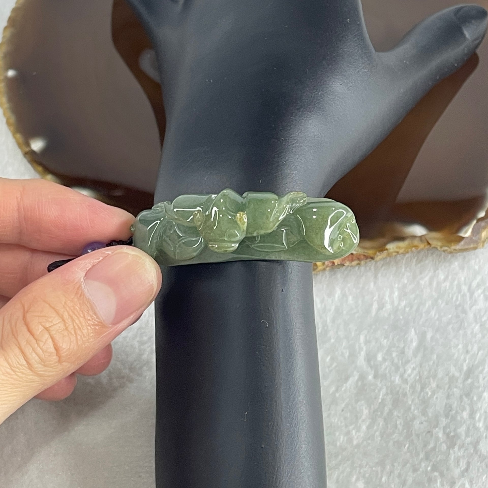 Natural Type A Green with Brownish Jadeite Bat with Coins and Ruyi Pendant Charm 16.14g 50.7 by 15.0 by 14.7mm - Huangs Jadeite and Jewelry Pte Ltd
