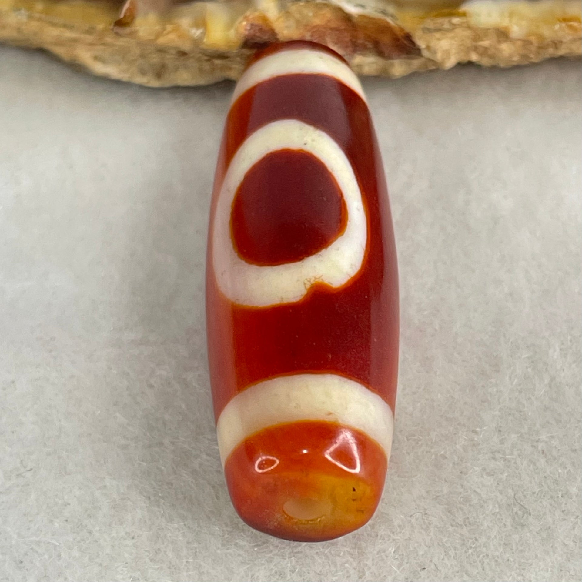 Natural Powerful Tibetan Old Oily Red White Agate One Eye Wood Element Dzi Bead Heavenly Master (Tian Zhu) 一眼木元素天珠 10.00g 38.3 by 12.7mm - Huangs Jadeite and Jewelry Pte Ltd