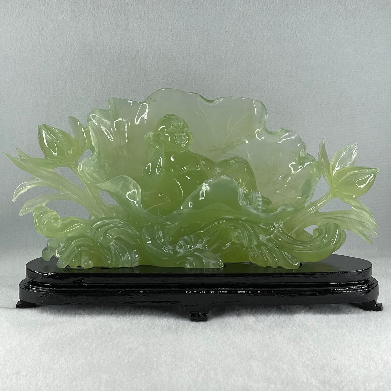 Natural Semi Icy Green Serpentine Tong Zhi on Lotus Leaf and Lotus Flower with Wooden Stand Display 1,458.5g L270.0 by B96.0 by H158.0mm