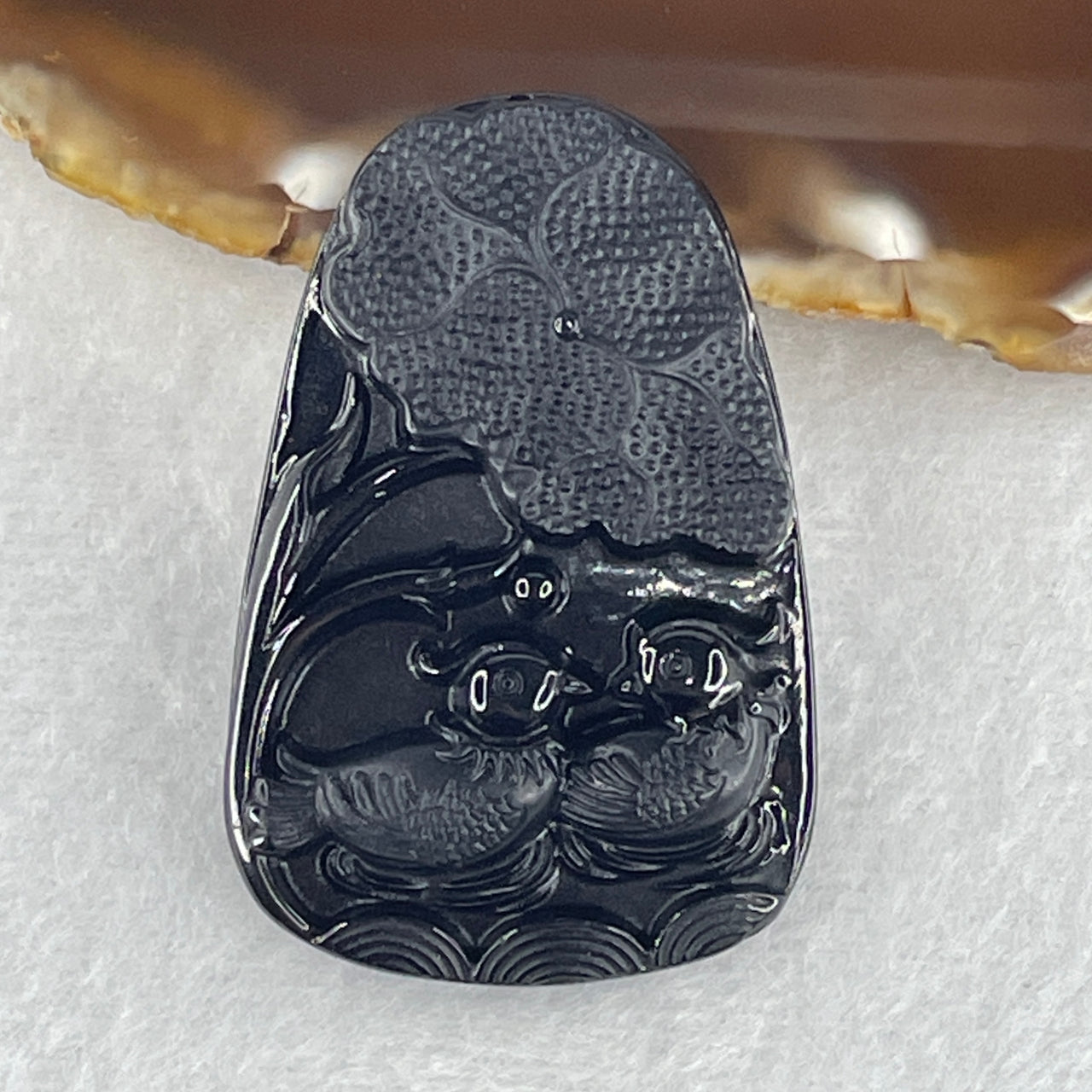 Certified Natural Type A Black Omphacite Jadeite Mandarin Ducks Pair and Lotus Leaf Pendant 18.22g 50.2 by 33.3 by 7.9mm