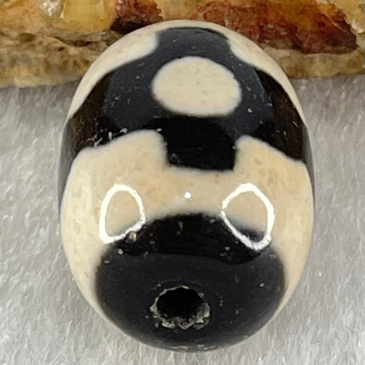 Natural Powerful Tibetan Old Oily Dark Brown With White Agate 3 Eyes Dzi Bead Heavenly Master (Tian Zhu) 三眼天诛 4.84g 17.7 by 13.3mm - Huangs Jadeite and Jewelry Pte Ltd
