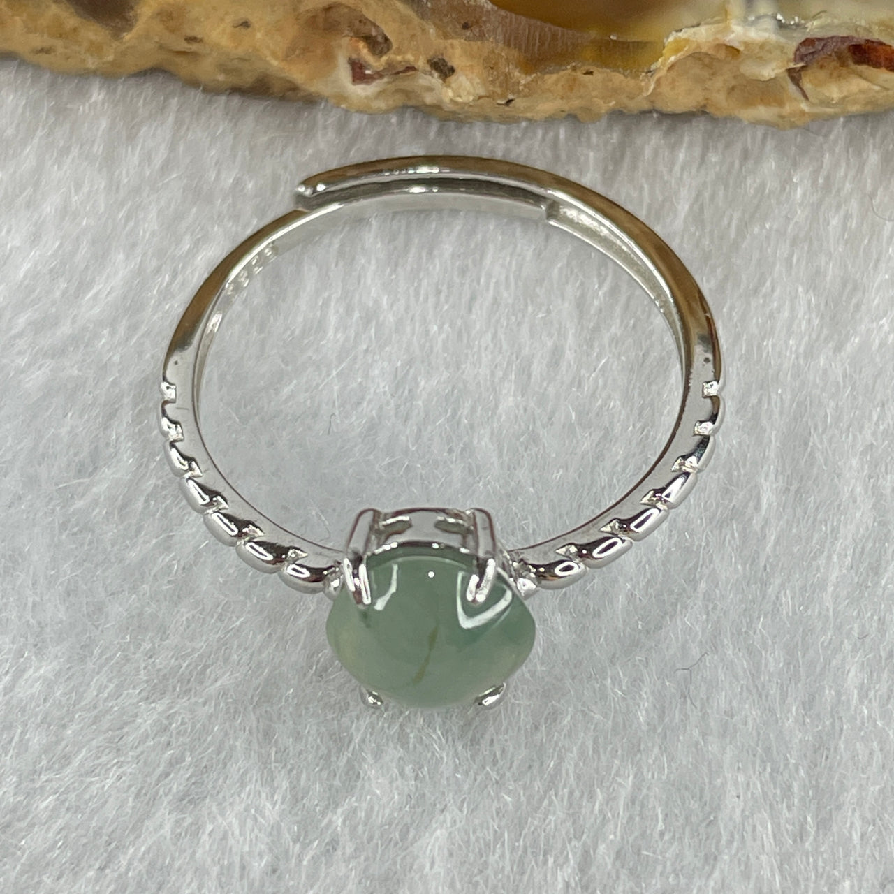 Natural Type A Semi Icy Faint Green Jadeite Round Shape Cabouchon in S925 Silver Ring (Adjustable Size) 1.47g 6.6 by 4.5mm