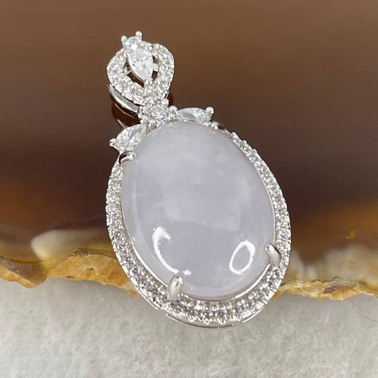 Type A Deep Lavender Cabochon Jadeite in S925 Sliver with Crystal Charm 4.30g 15.6 by 11.7 by 5.0mm - Huangs Jadeite and Jewelry Pte Ltd