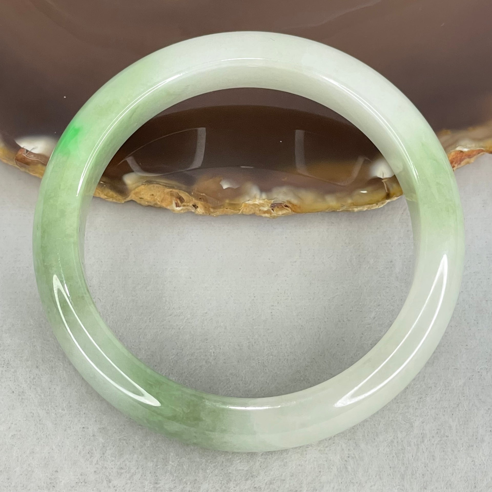 Type A Light Green with Green Patches Jadeite Bangle Internal Diameter 53.8mm 50.57g 12.3 by 7.9mm (Internal Lines) - Huangs Jadeite and Jewelry Pte Ltd