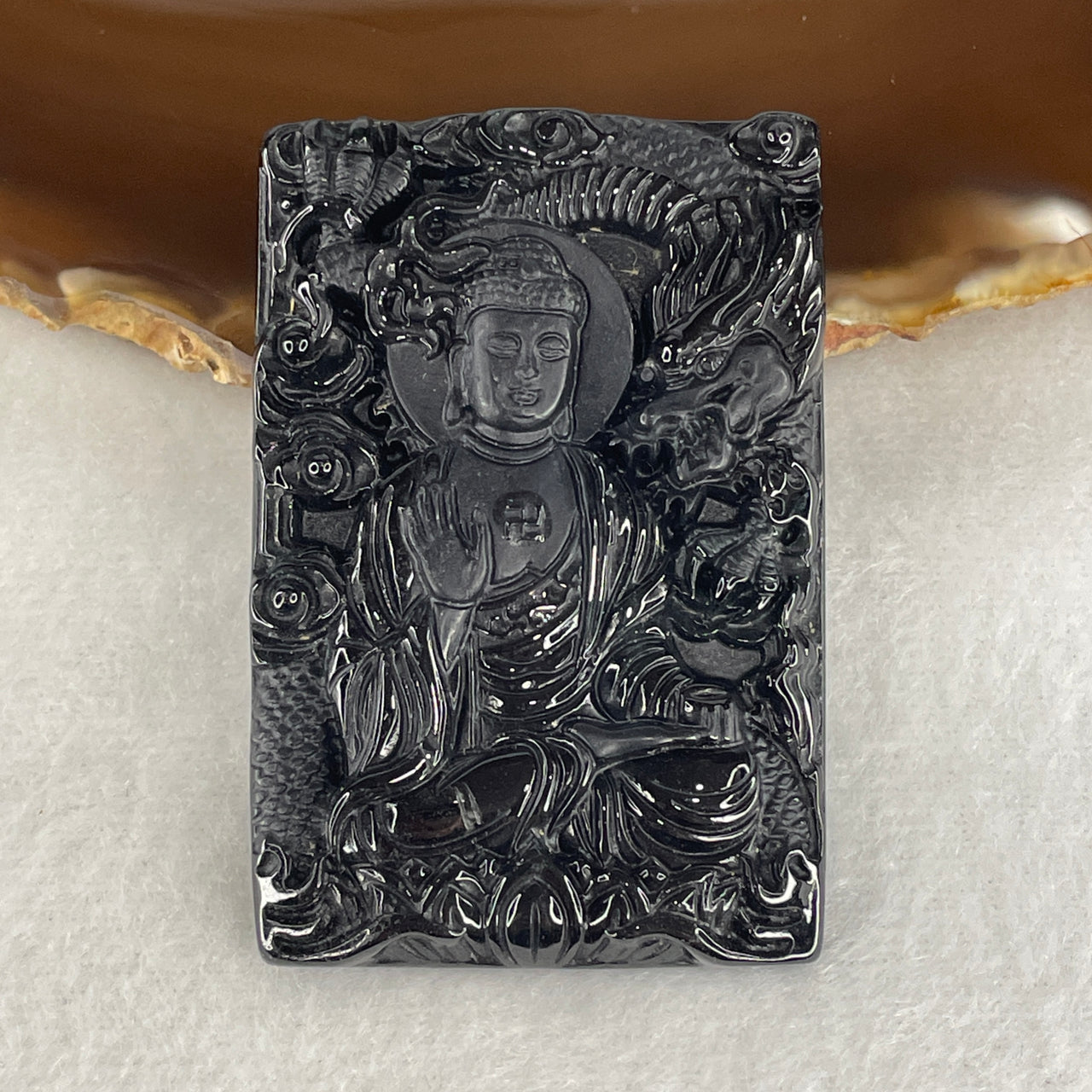 Success, Luck and Wealth - Certified Natural Type A Black Omphacite Jadeite Buddha with Dragon on Lotus Pendant 38.76g 60.8 by 40.8 by 8.6mm