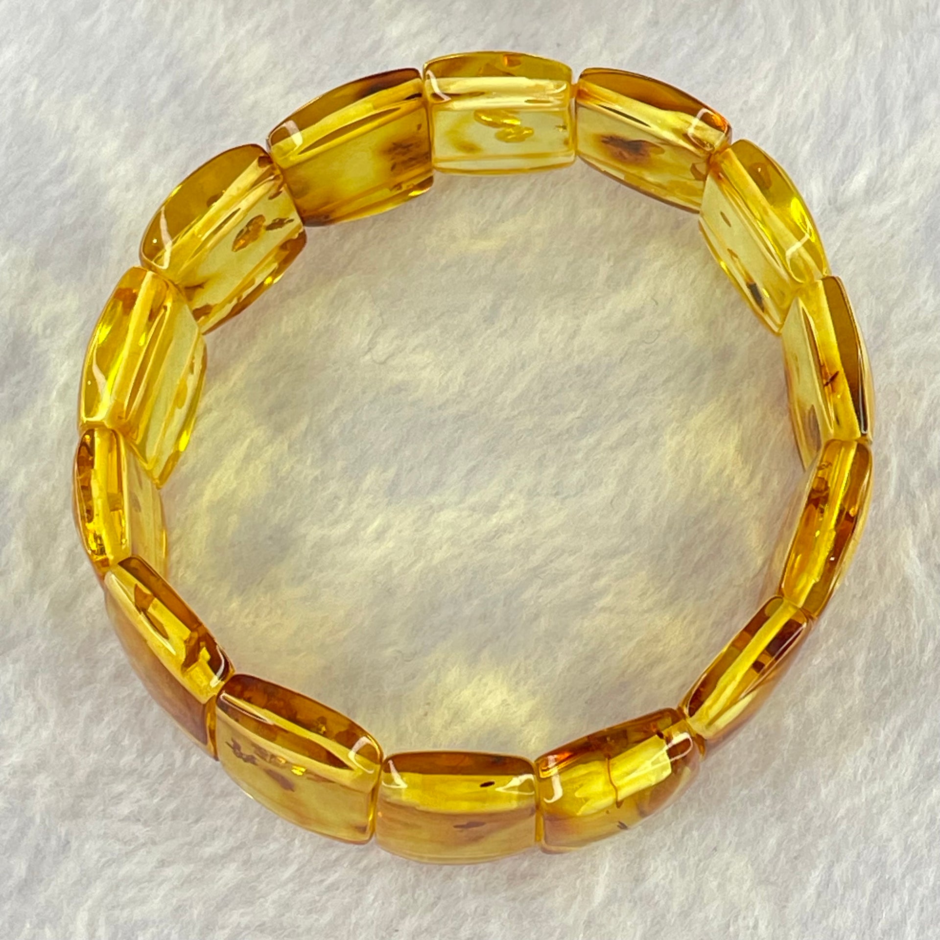 Natural Yellow Flower Amber Shou Pai Bracelet 天然花珀手牌手链 15.96g 16cm 19.8 by 14.4 by 5.1mm 14pcs - Huangs Jadeite and Jewelry Pte Ltd