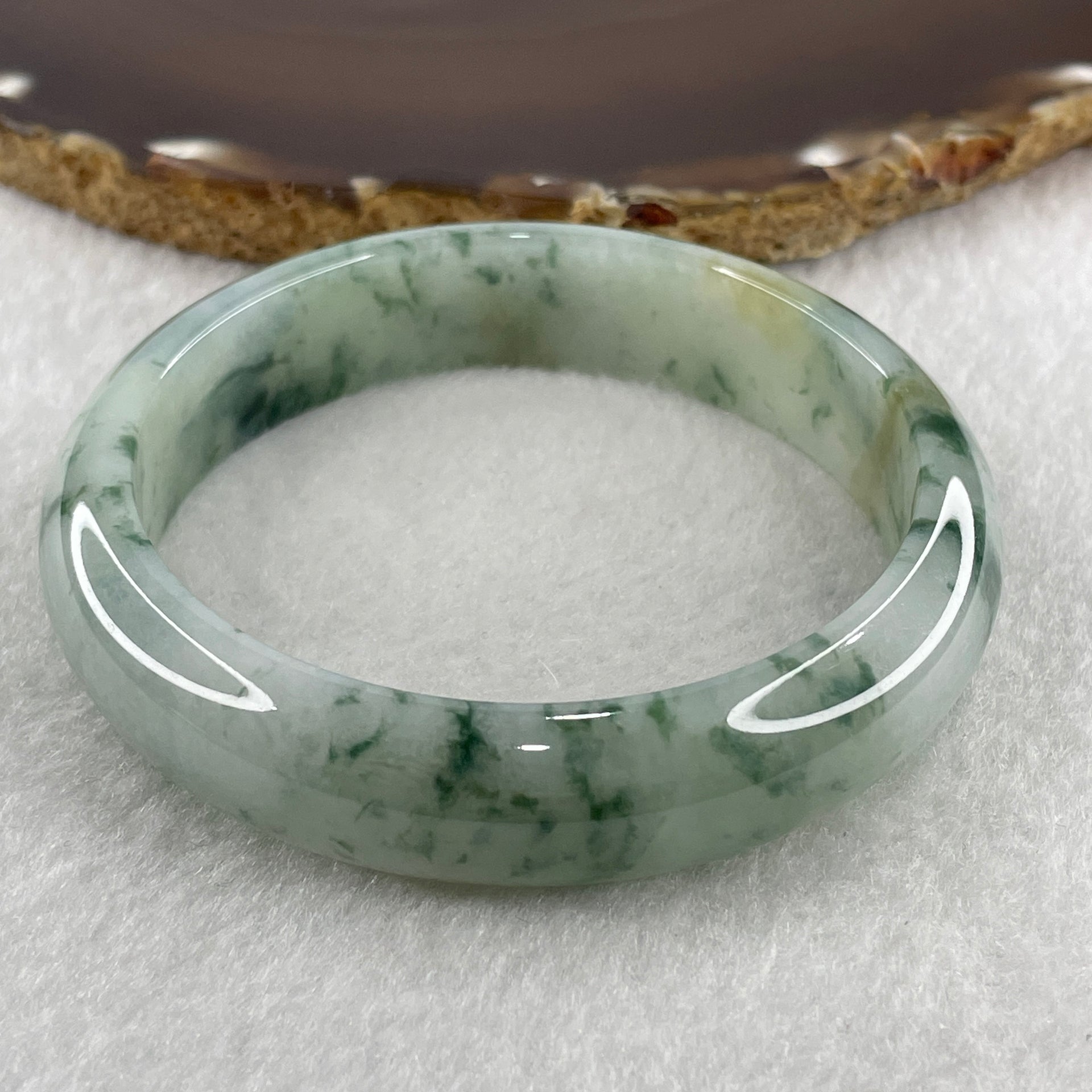 Certified Natural Type A Jelly Light Green with Spicy Green Piao Hua Jadeite Bangle 57.20g Internal Diameter 58.4mm 14.1 by 7.7mm (Perfect) - Huangs Jadeite and Jewelry Pte Ltd