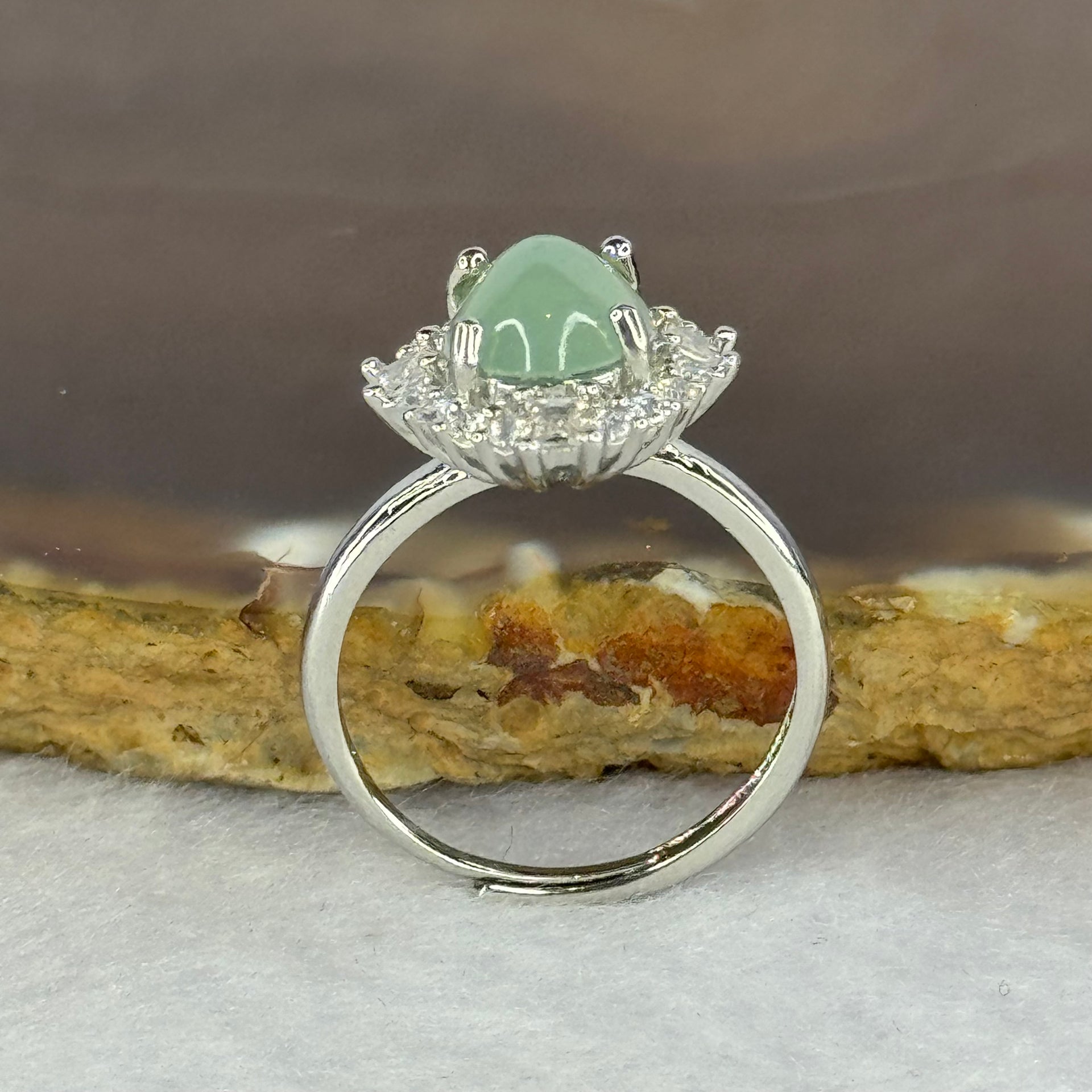 Type A Semi Icy Light Green Jadeite with Crystals in S925 Sliver Ring (Adjustable Size) 2.59g 9.2 by 7.5 by 5.0mm - Huangs Jadeite and Jewelry Pte Ltd
