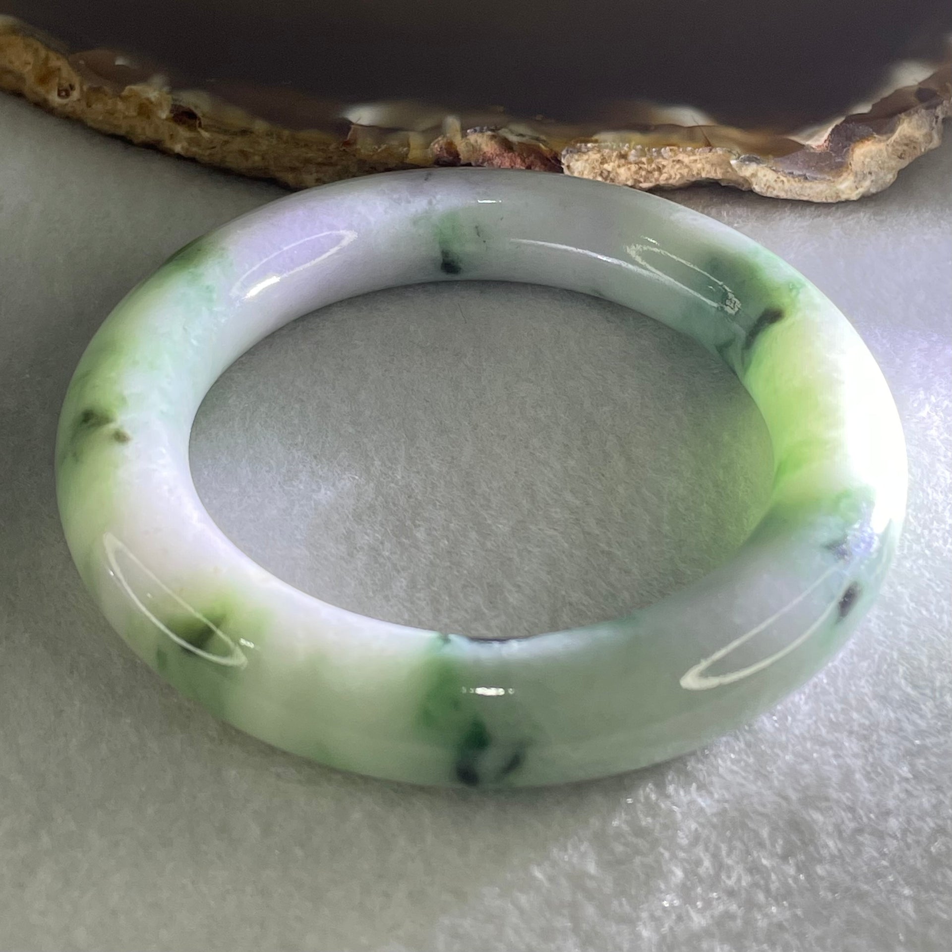 Type A Light Green Lavender with Dark Green Piao Hua Jadeite Bangle 65.95g Internal Diameter 51.2mm 11.4 by 11.2mm (Slight Internal Lines, Burnt) - Huangs Jadeite and Jewelry Pte Ltd