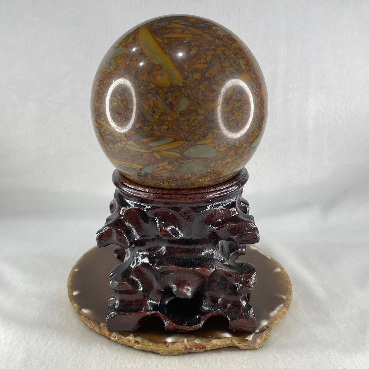 Natural Brecciated Jasper Ball Display with Wooden Stand 1641.2g 95.6 by 165.0mm - Huangs Jadeite and Jewelry Pte Ltd