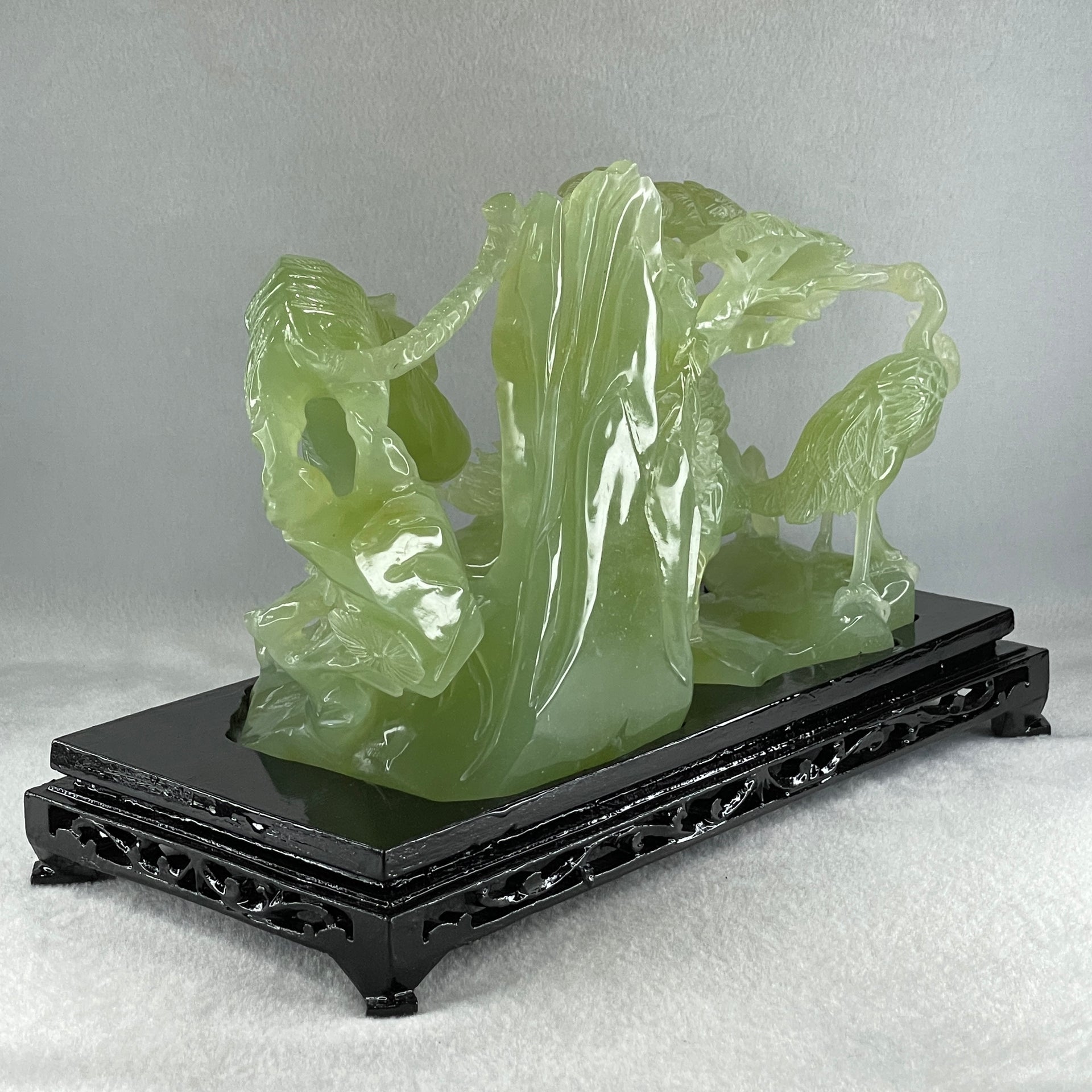 Natural Jelly Green Serpentine Tiger with Double Horse and Twin Flamingo on Shan Shui with Wooden Stand Display 2,362.7g 295.0 by 148.0 by 206.0mm - Huangs Jadeite and Jewelry Pte Ltd
