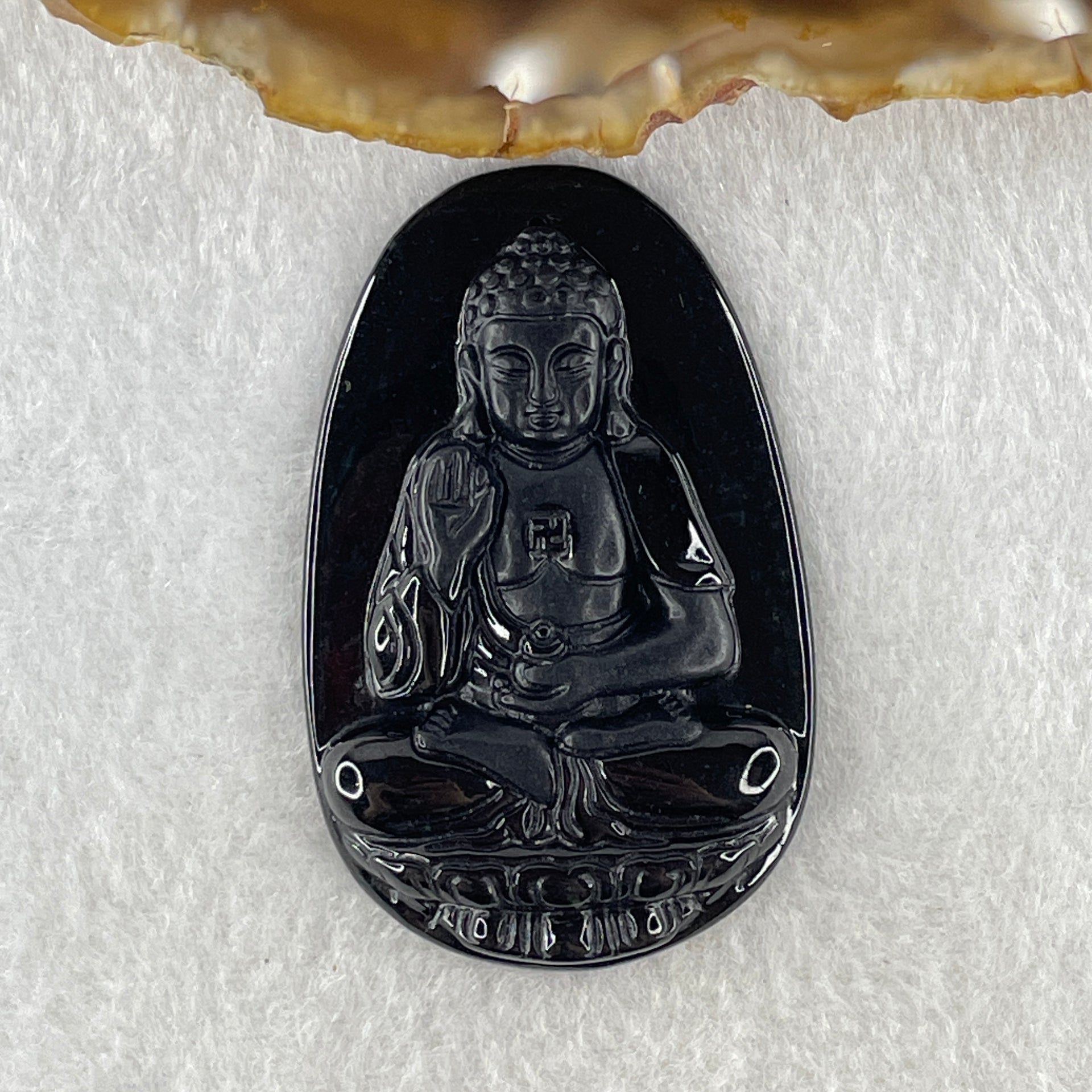 Type A Opaque to Partial Translucent Black Omphacite Jadeite Amitabha Buddha Pendant Dog and Boar Pig Zodiac Guardian 15.85g 51.9 by 33.2 by 7.6mm - Huangs Jadeite and Jewelry Pte Ltd