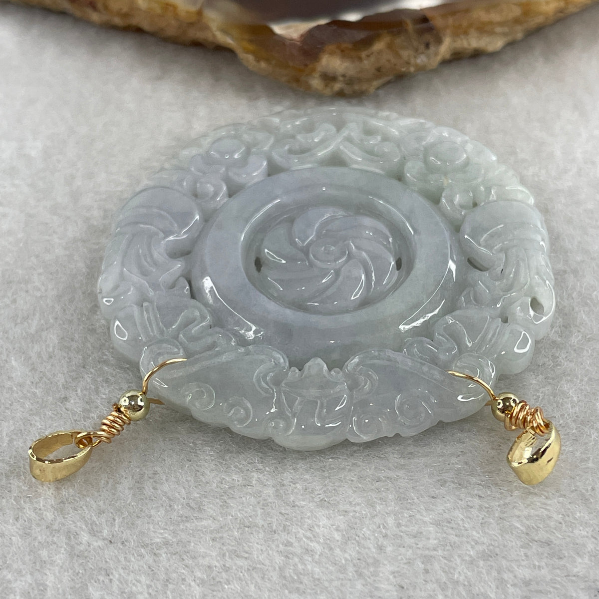 Natural Type A Green Jadeite Flower, Bat & Hulu Pendant in Intricate Hollow Carving | Blessing, Longevity & Good Fortune Talisman (19.17g | 47.4mm) - Huangs Jadeite and Jewelry Pte Ltd