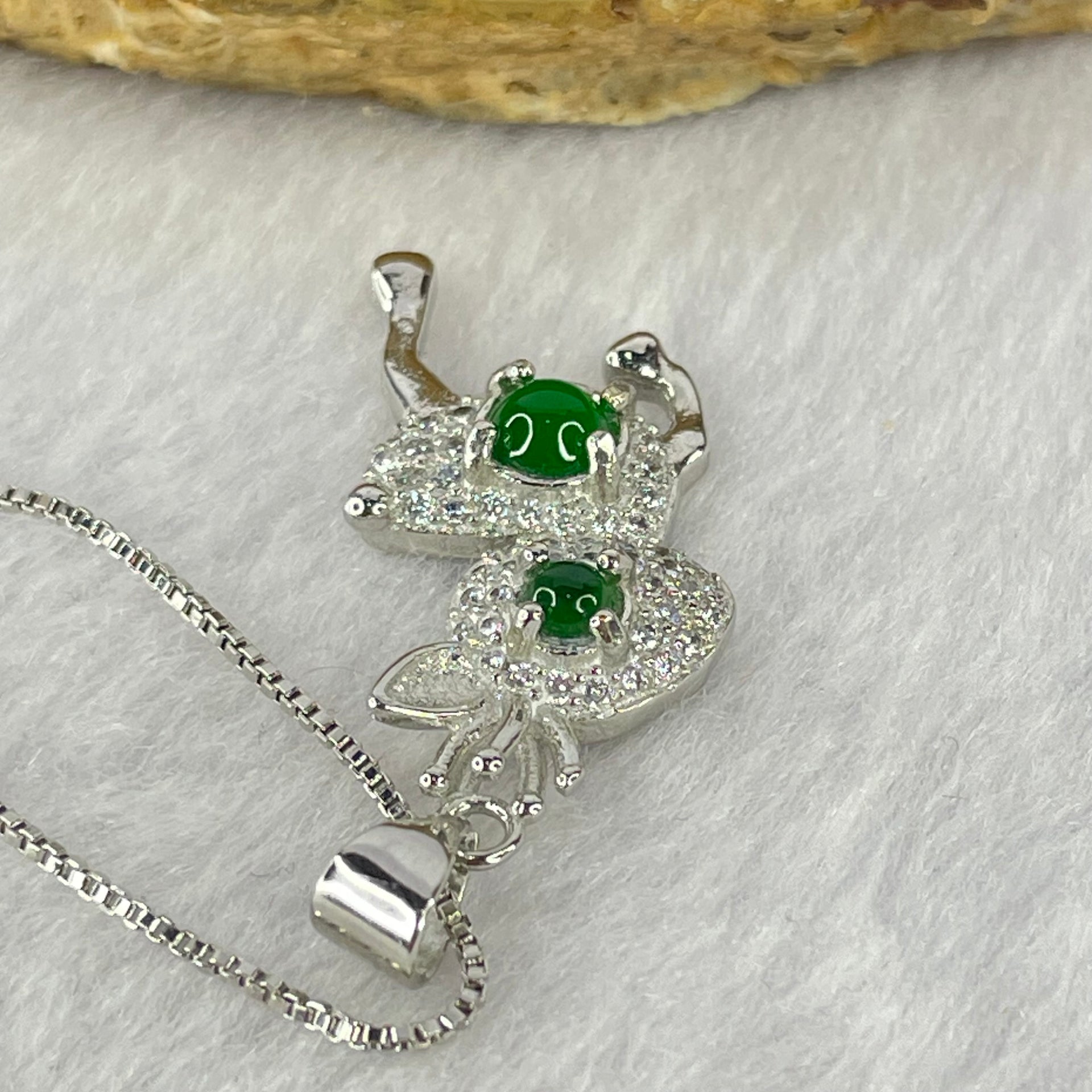 Type A Icy Green Omphasite Jadeite Cabochons in Sliver Deer Pendent Necklace 4.22g Middle Jadeite 4.3 by 1.5mm - Huangs Jadeite and Jewelry Pte Ltd