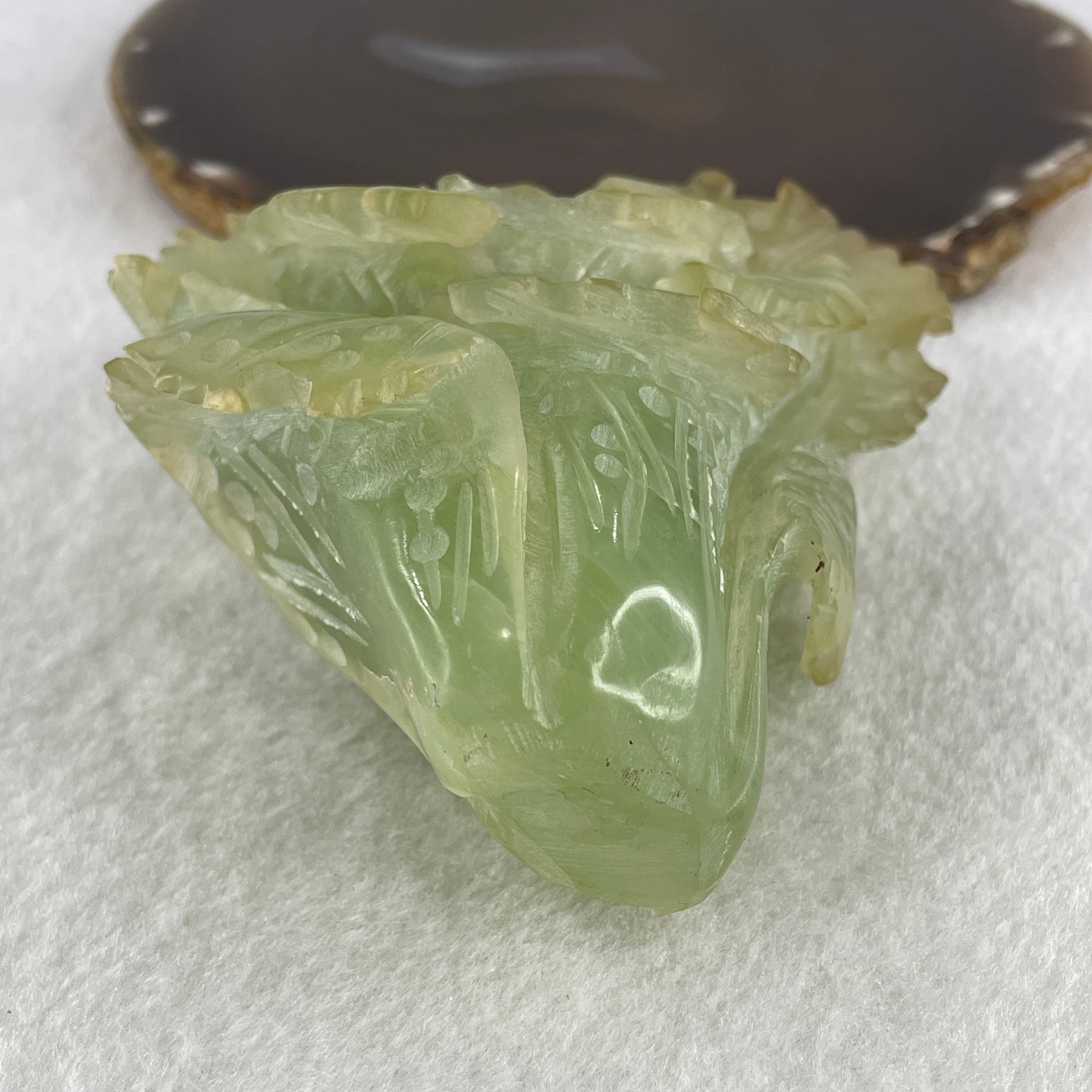 Natural Light Green Serpentine Cabbage Display with Wooden Stand 450.66g 114.5 by 90.0 by 175.0mm - Huangs Jadeite and Jewelry Pte Ltd