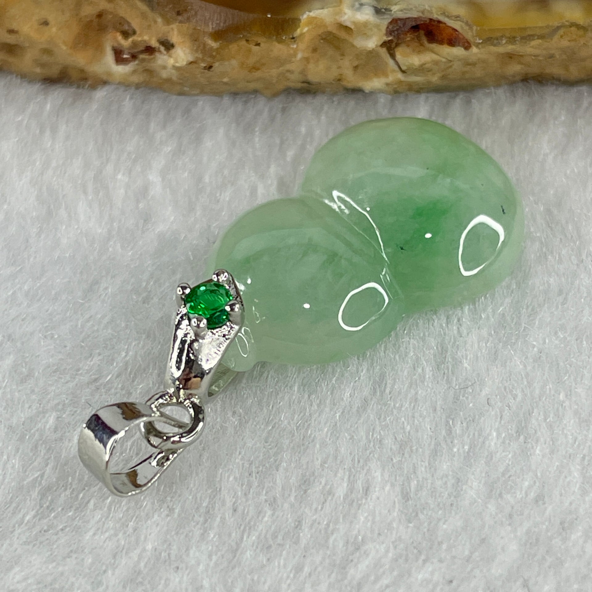 Natural Type A Semi Icy Light Green with Apple Green Piao Hua Flora Jadeite Calabash Hulu Pendant in Stainless Steel Clasp 2.44g 21.0 by 13.8 by 4.9mm - Huangs Jadeite and Jewelry Pte Ltd