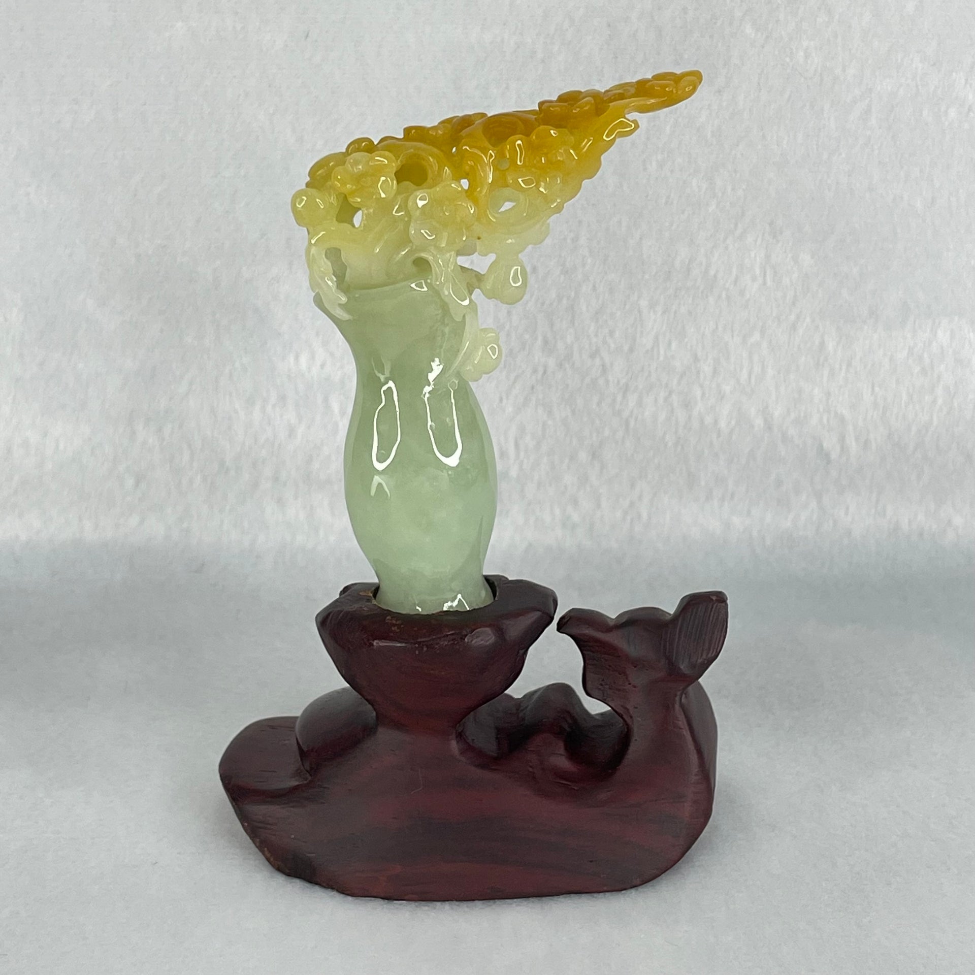 Type A Light Green with Yellow Jadeite Vase with Prosperity Flowers Pendant / Display 28.78g 59.0 by 49.7 by 14.1mm with Wooden Stand - Huangs Jadeite and Jewelry Pte Ltd