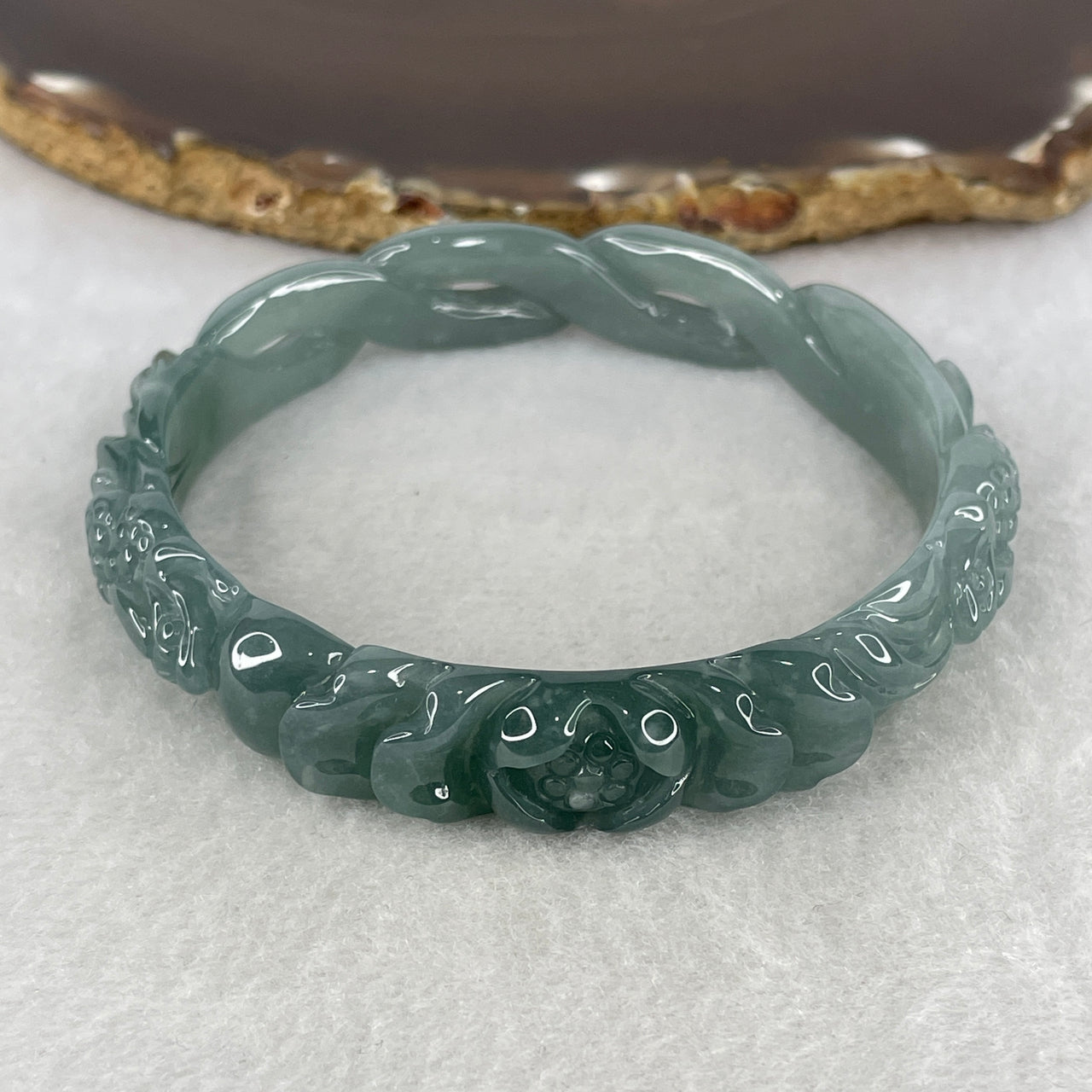 Natural Type A Blueish-Green Jadeite Carved Bangle | 62.8mm Wealth-Attracting "Double Three-Legged Toads & Lotus" | Hand-Sculpted Prosperity Coins Heirloom Bangle 39.40g 12.8x7.2mm (Internal Line)