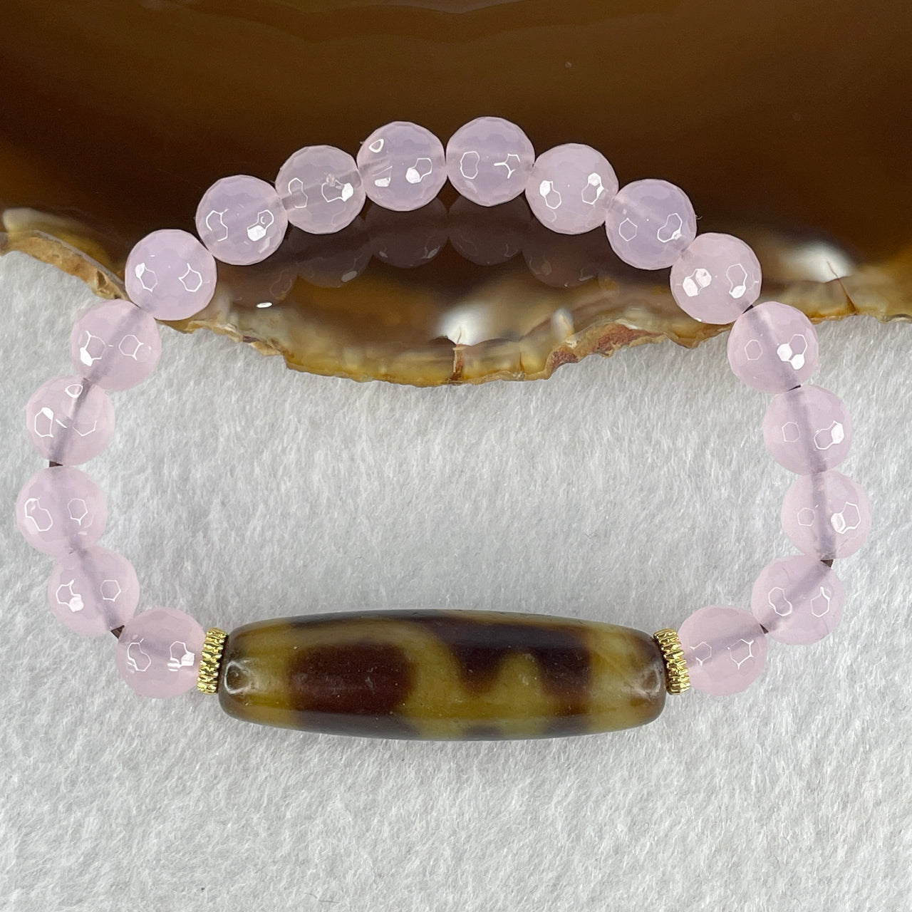 Natural Powerful Tibetan Old Oily Agate 2 Nectar Vessel Dzi Bead Heavenly Master (Tian Zhu) 花蜜容器天珠 38.7 by 11.4mm with Natural Faceted Rose Quartz Beads Bracelet 18.95g 14.5cm 7.7mm 18 Beads